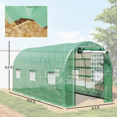 Outsunny Hoop House Greenhouse, Walk-in Tunnel Greenhouse with 2 Support Rods, Zippered Roll-up Mesh Door, 14.6'x6.5'x6.6', Green