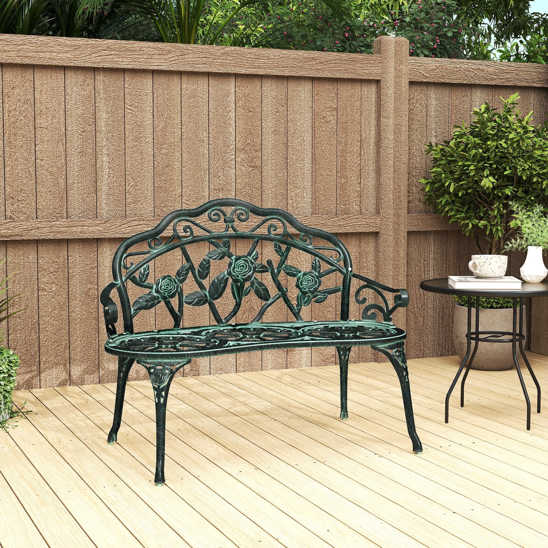 Outsunny Outdoor Bench, Cast Aluminum Outdoor Furniture, Metal Bench with Floral Rose Accent & Antique Finish, Green