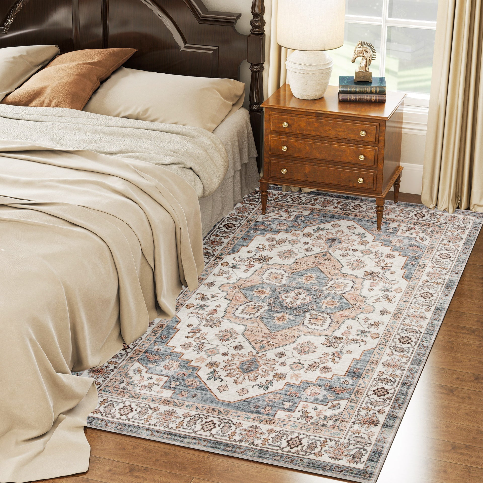 HOMCOM 4x6 Area Rug, Vintage Machine Washable Rug, Non-Slip Carpet for Living Room, Bedroom, Dining Room, Brown & Light Blue