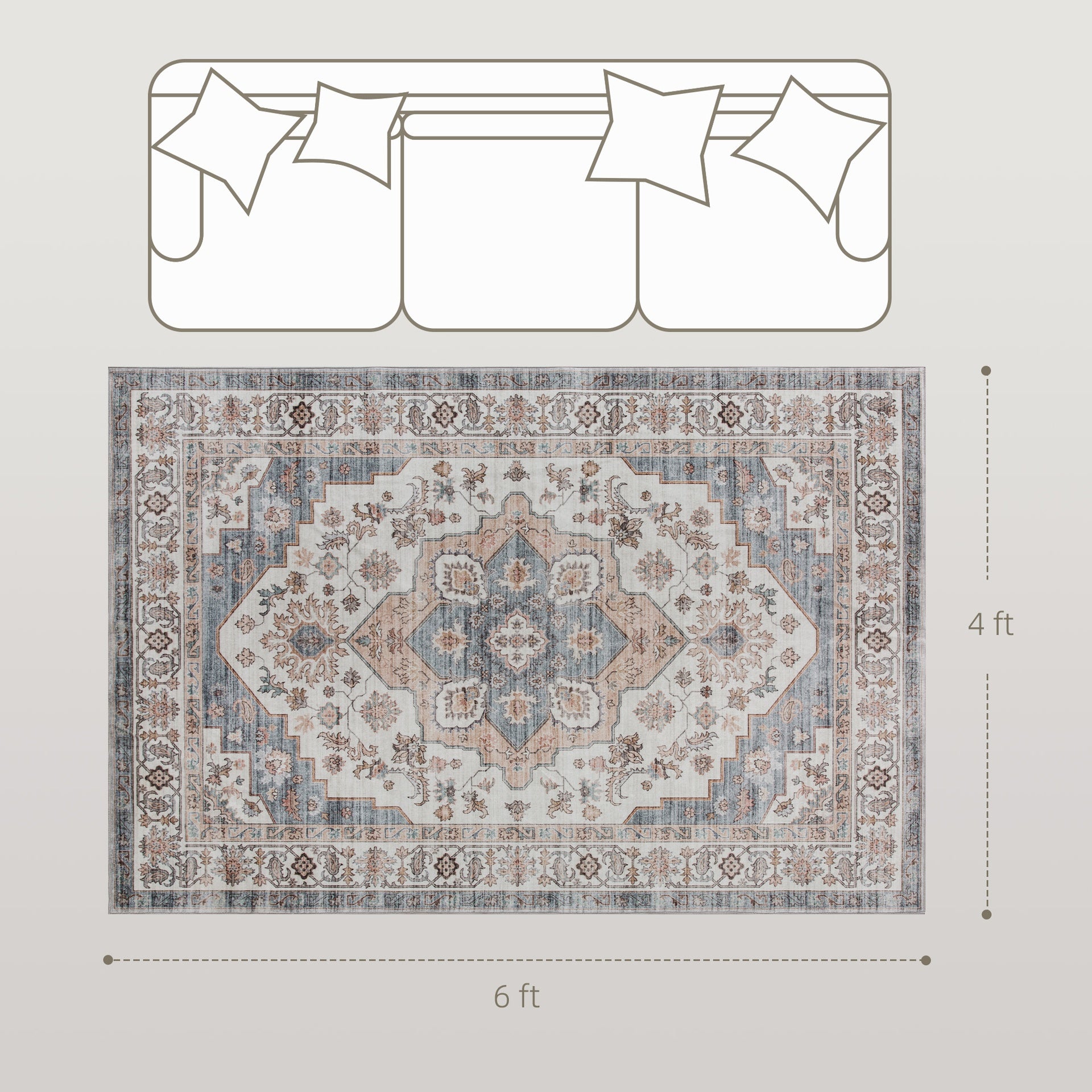 HOMCOM 4x6 Area Rug, Vintage Machine Washable Rug, Non-Slip Carpet for Living Room, Bedroom, Dining Room, Brown & Light Blue