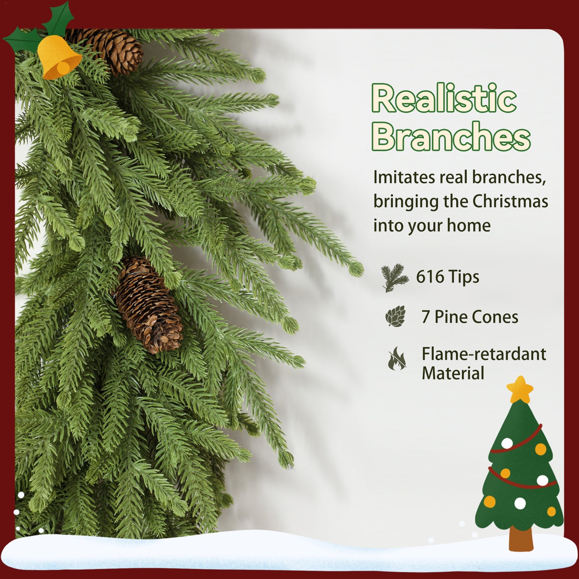 HOMCOM 24 inch Christmas Wreath, Artificial Norfolk Pine Wreath with Pine Cones and 88 Realistic Branches for Door, Wall