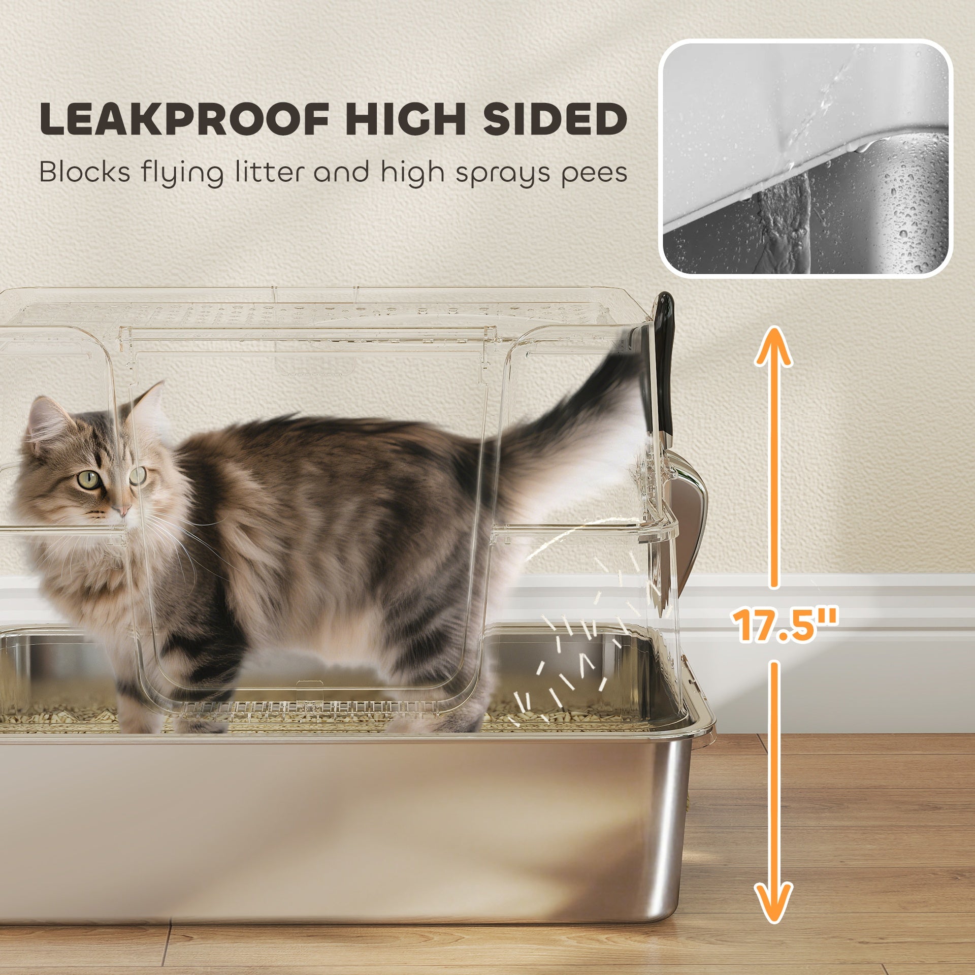 PawHut XL Stainless Steel Litter Box w/ 100° Flip Top, Scoop, Step, Top & Side Entry Enclosed Litter Box for Big Cats