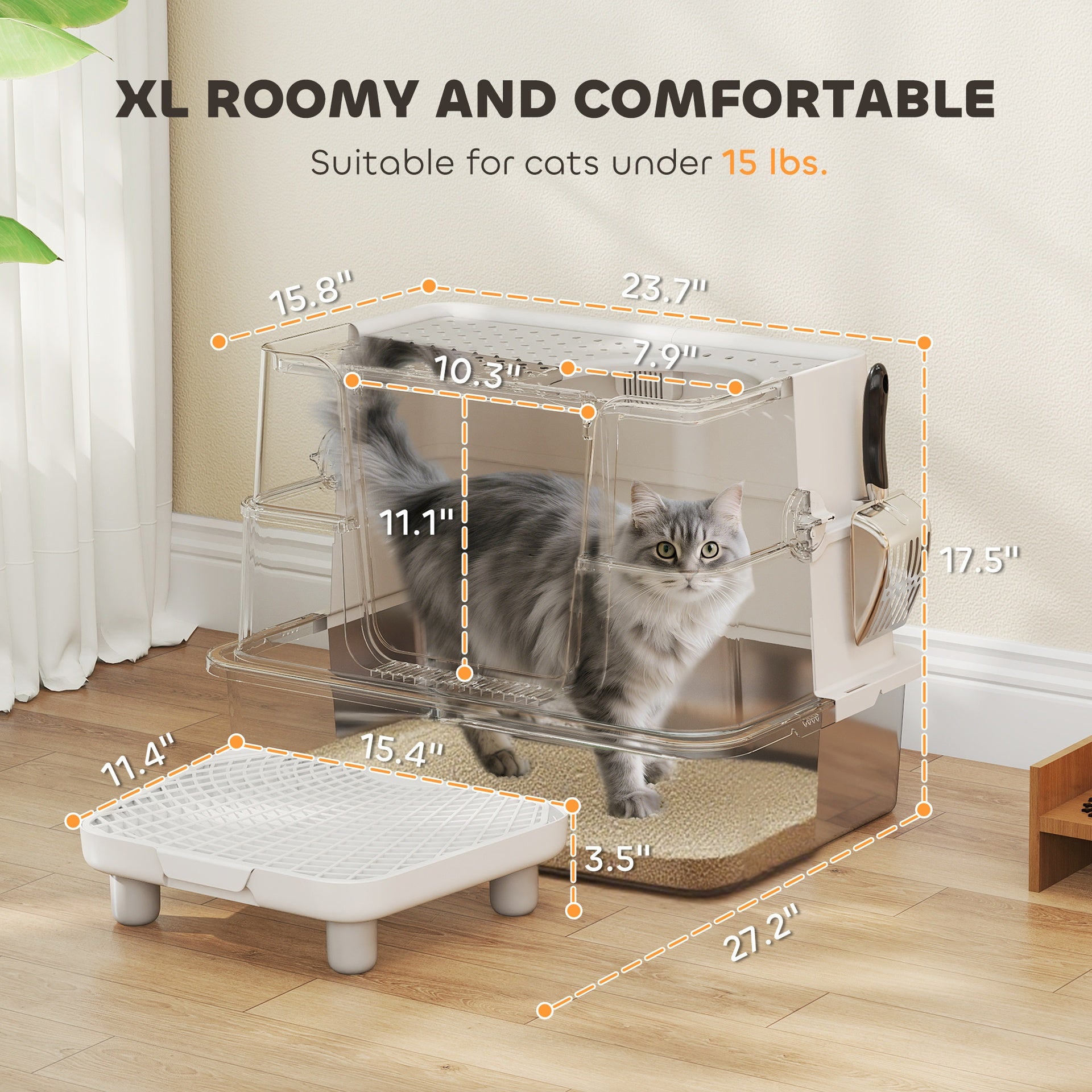 PawHut XL Stainless Steel Litter Box w/ 100° Flip Top, Scoop, Step, Top & Side Entry Enclosed Litter Box for Big Cats