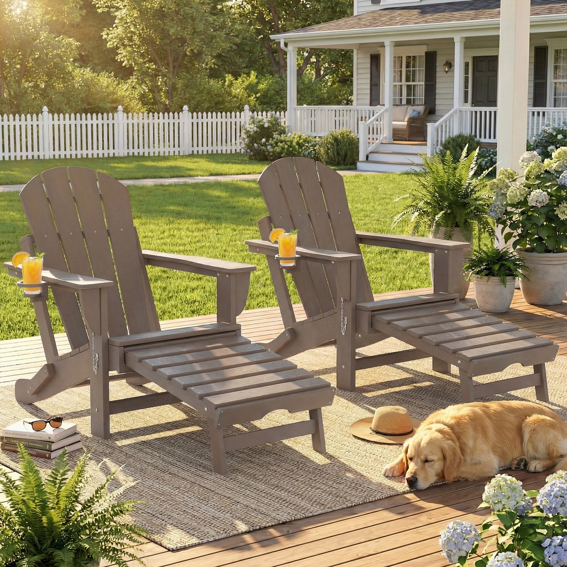 Outsunny Folding Adirondack Chair Set of 2, HDPE Fire Pit Chair with Retractable Ottoman and Cup Holder, Brown