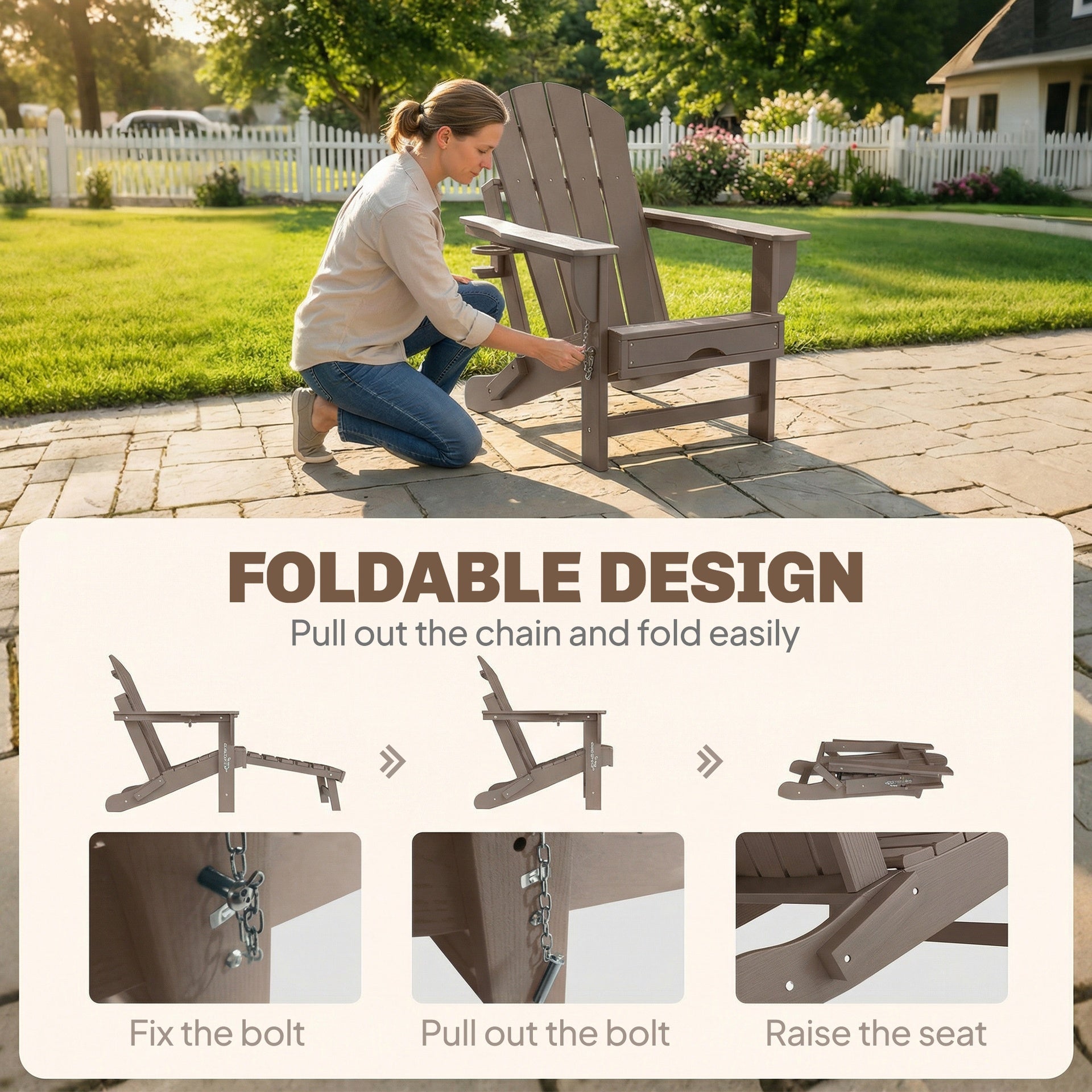 Outsunny Folding Adirondack Chair Set of 2, HDPE Fire Pit Chair with Retractable Ottoman and Cup Holder, Brown