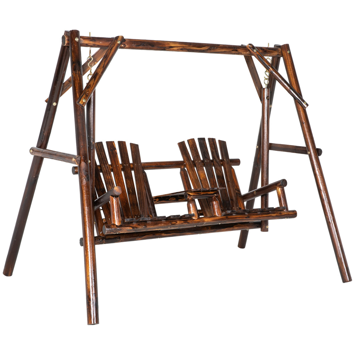 Outsunny Wooden Porch Swing with Stand, 2-Seat Patio Swing Chair with Center Table, for Garden, Poolside, Backyard