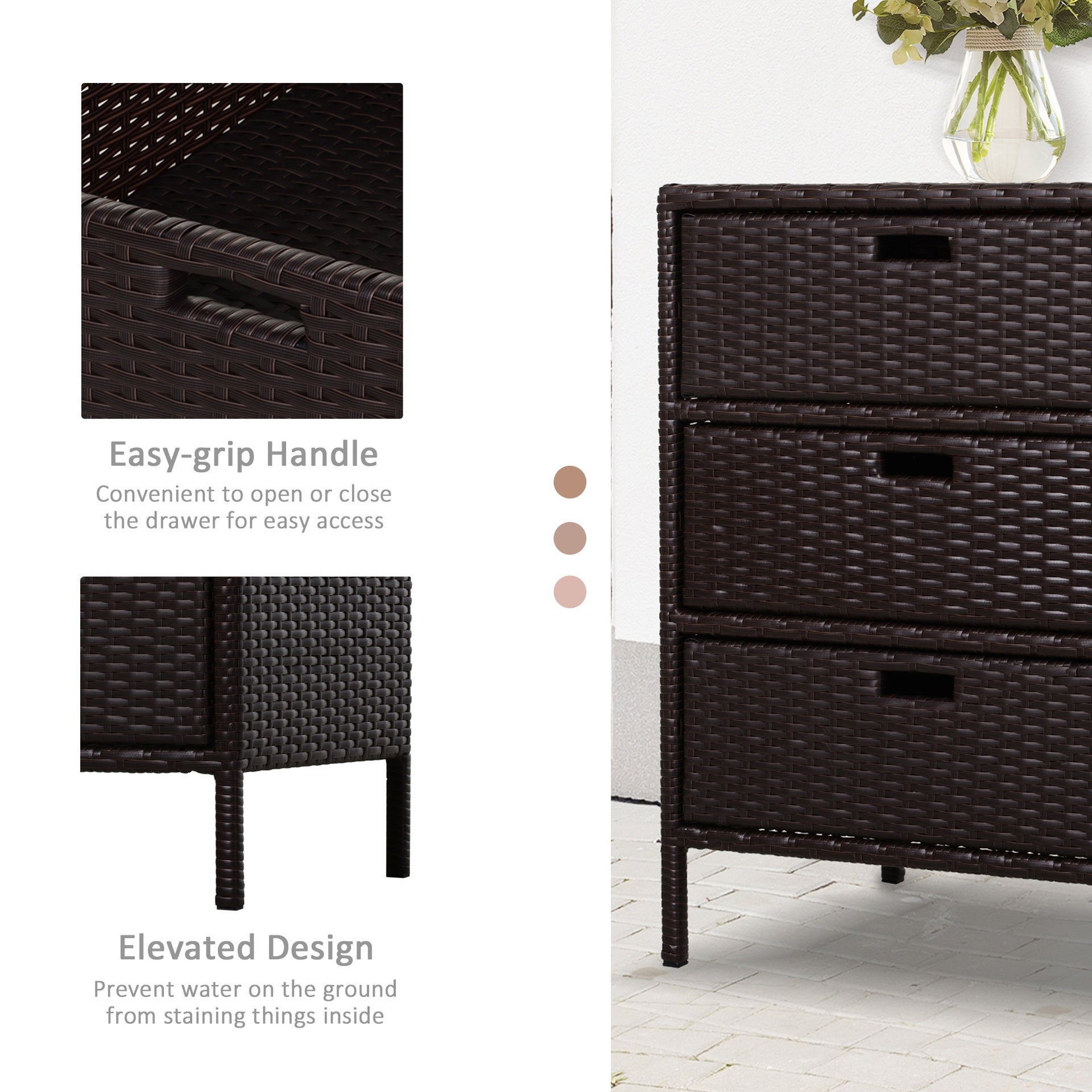 Outsunny Patio PE Rattan Storage Cabinet, Wicker Pool Cabinet Organizer, Outdoor Towel Rack for Pool with 3 Drawers, Brown