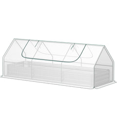 Outsunny 8.6 x 3 x 1ft Raised Garden Bed with Mini Greenhouse, Galvanized Raised Garden Bed with Cover for Herbs and Vegetables, Small Greenhouse for Patio Garden Balcony, White and Silver