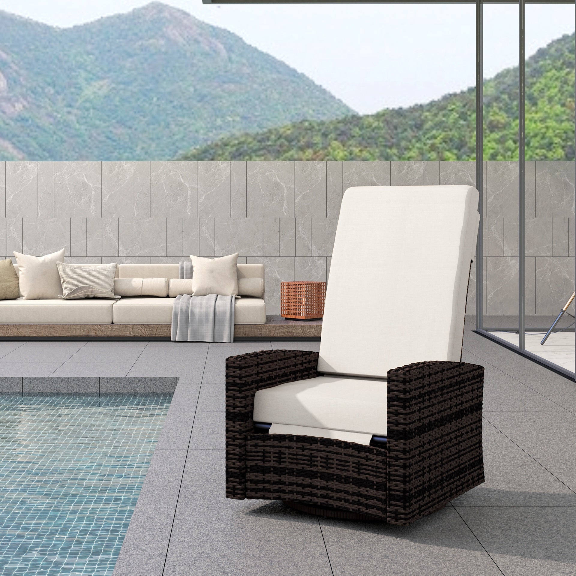 Outsunny Outdoor Wicker Swivel Recliner Chair, Lifting Footrest, 360° Rotating Basic, Water-resistant Cushions, Khaki