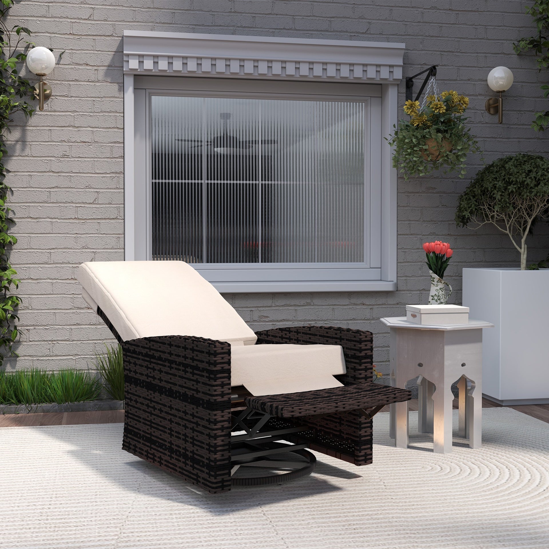 Outsunny Outdoor Wicker Swivel Recliner Chair, Lifting Footrest, 360° Rotating Basic, Water-resistant Cushions, Khaki