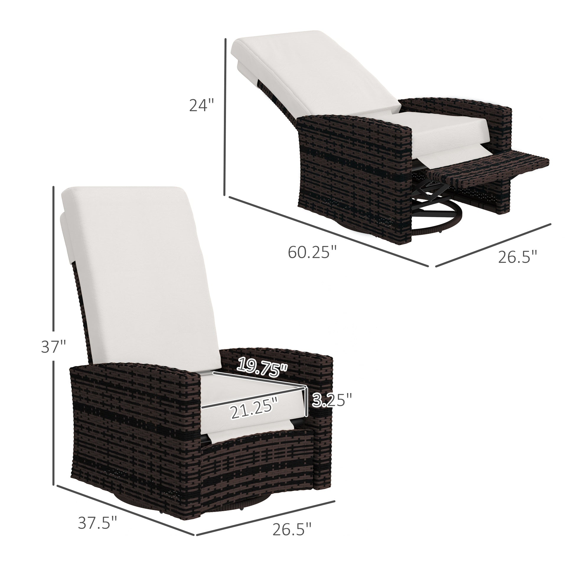 Outsunny Outdoor Wicker Swivel Recliner Chair, Lifting Footrest, 360° Rotating Basic, Water-resistant Cushions, Khaki