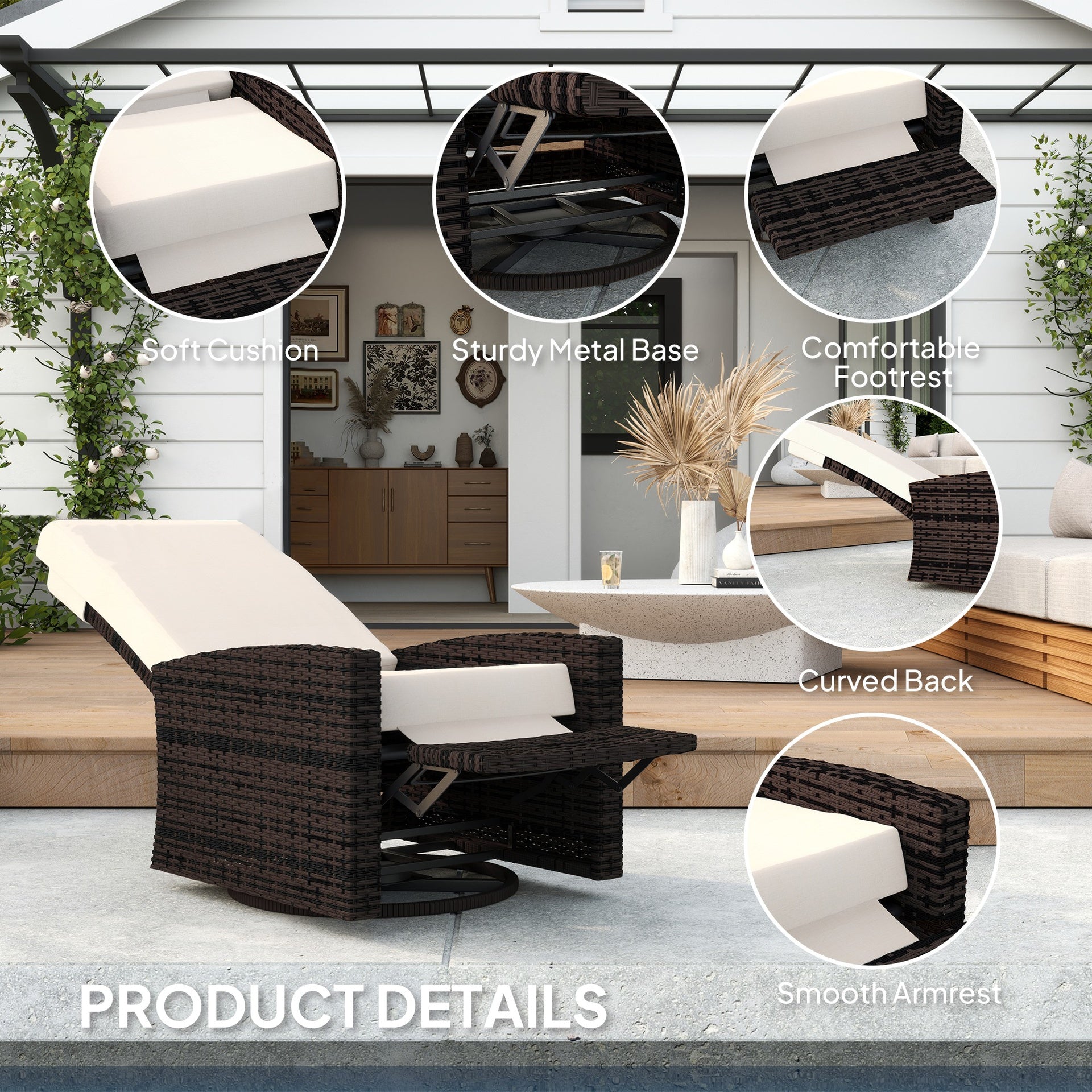Outsunny Outdoor Wicker Swivel Recliner Chair, Lifting Footrest, 360° Rotating Basic, Water-resistant Cushions, Khaki