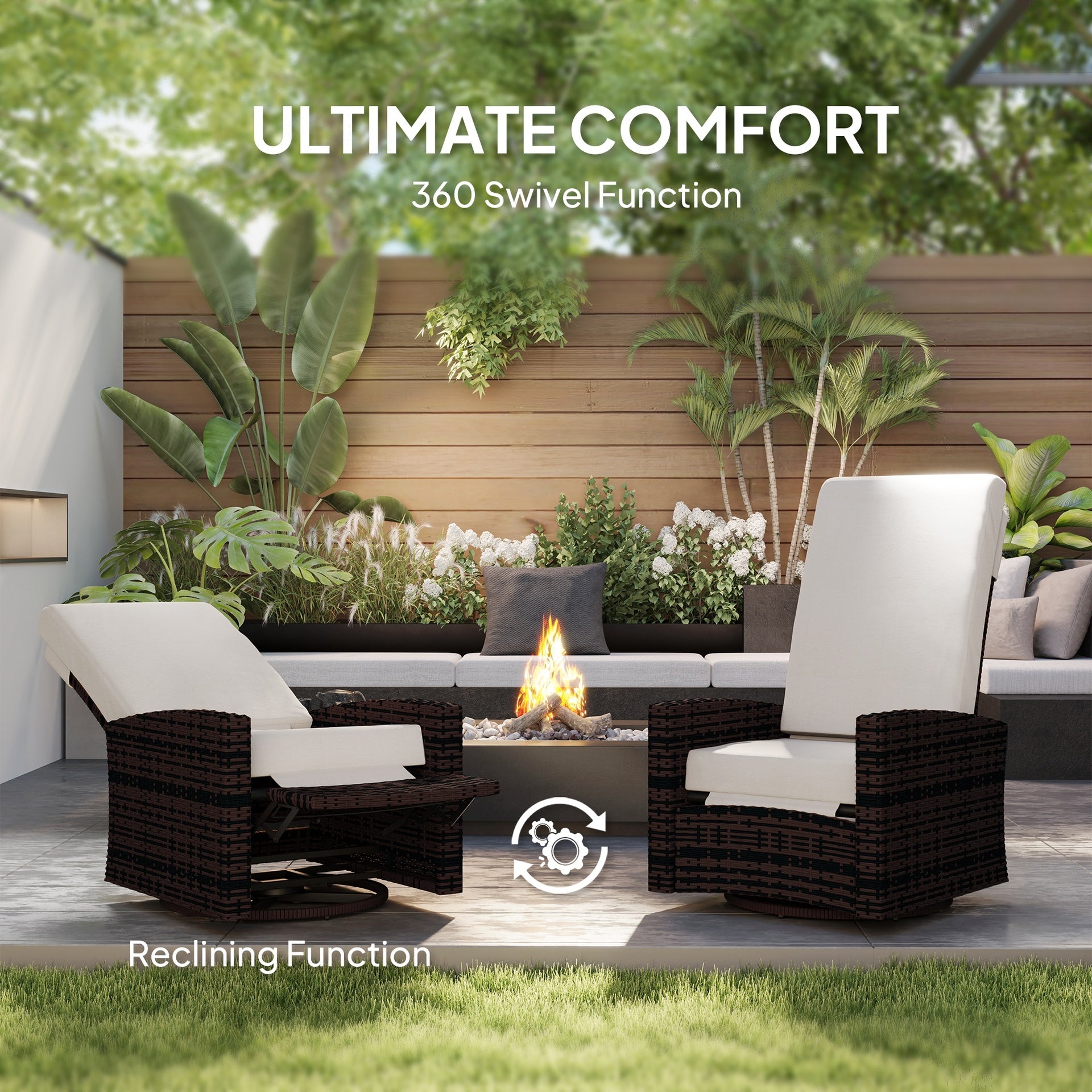 Outsunny Outdoor Wicker Swivel Recliner Chair, Lifting Footrest, 360° Rotating Basic, Water-resistant Cushions, Khaki