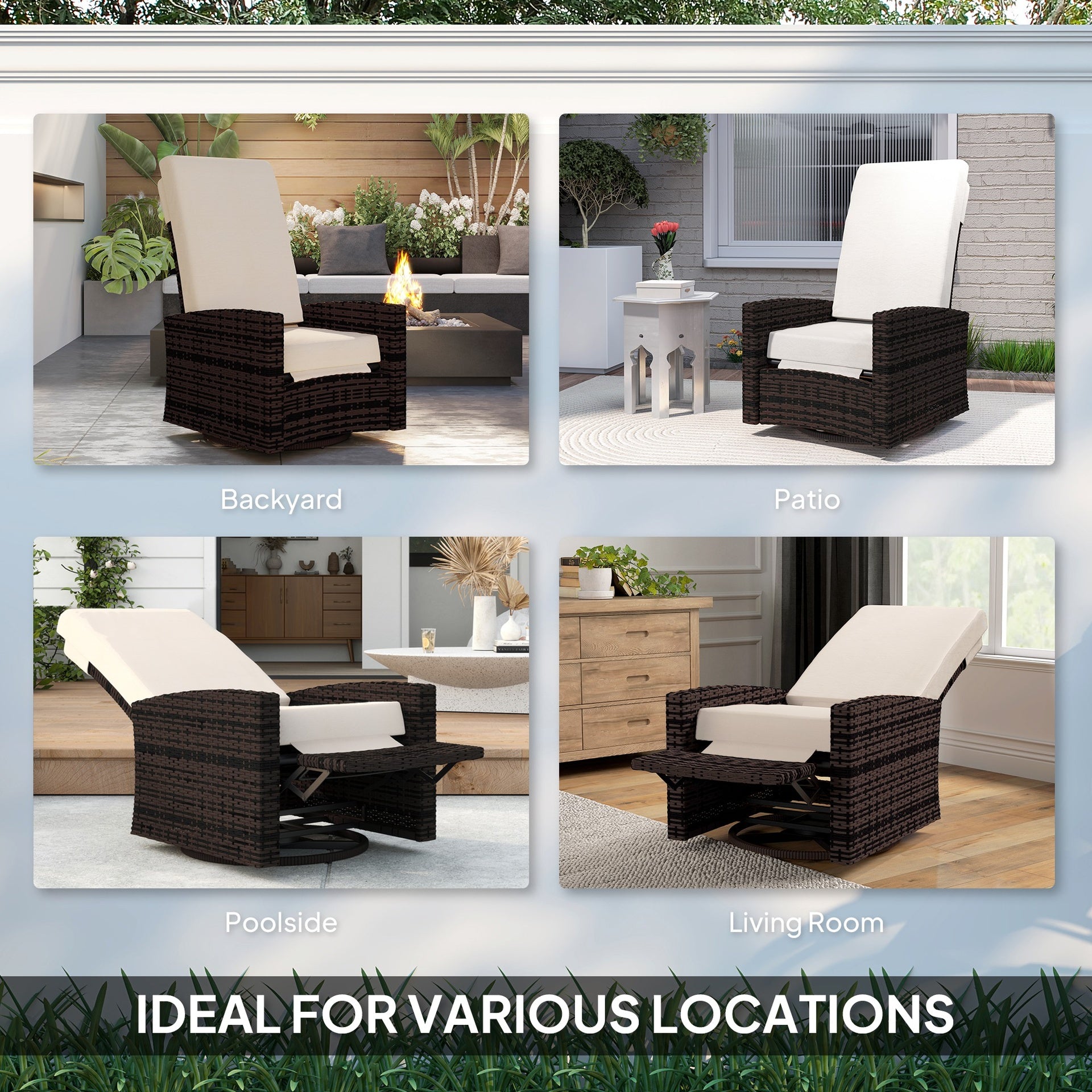 Outsunny Outdoor Wicker Swivel Recliner Chair, Lifting Footrest, 360° Rotating Basic, Water-resistant Cushions, Khaki