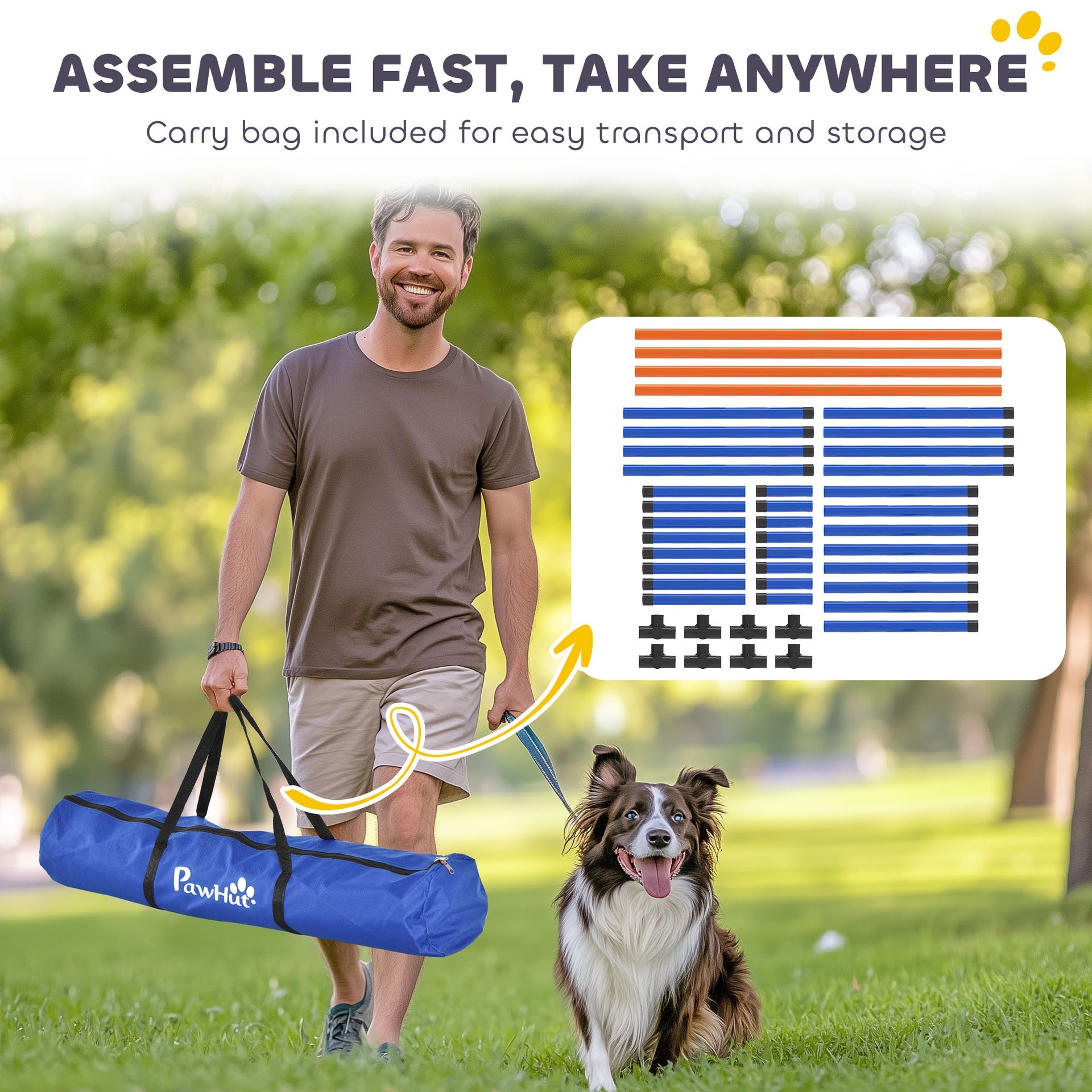 PawHut 4 Pieces Dog Agility Equipment, Dog Agility Course Backyard Set with Adjustable Height Jump Bars and Carry Bag