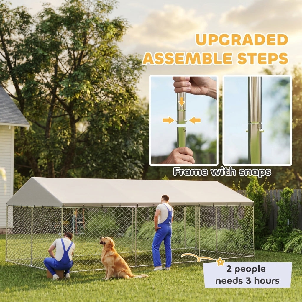 PawHut Heavy Duty Outdoor Dog Kennel with Waterproof Roof, 2 Secure Latches, Chain Link Dog Run for Backyard, 20' x 10' x 7'