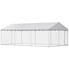 PawHut Heavy Duty Outdoor Dog Kennel with Waterproof Roof, 2 Secure Latches, Chain Link Dog Run for Backyard, 20' x 10' x 7'