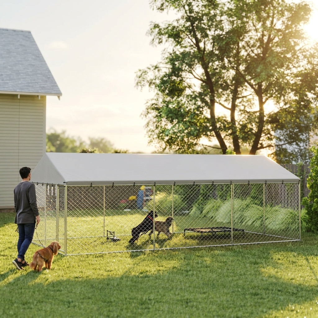 PawHut Heavy Duty Outdoor Dog Kennel with Waterproof Roof, 2 Secure Latches, Chain Link Dog Run for Backyard, 20' x 10' x 7'