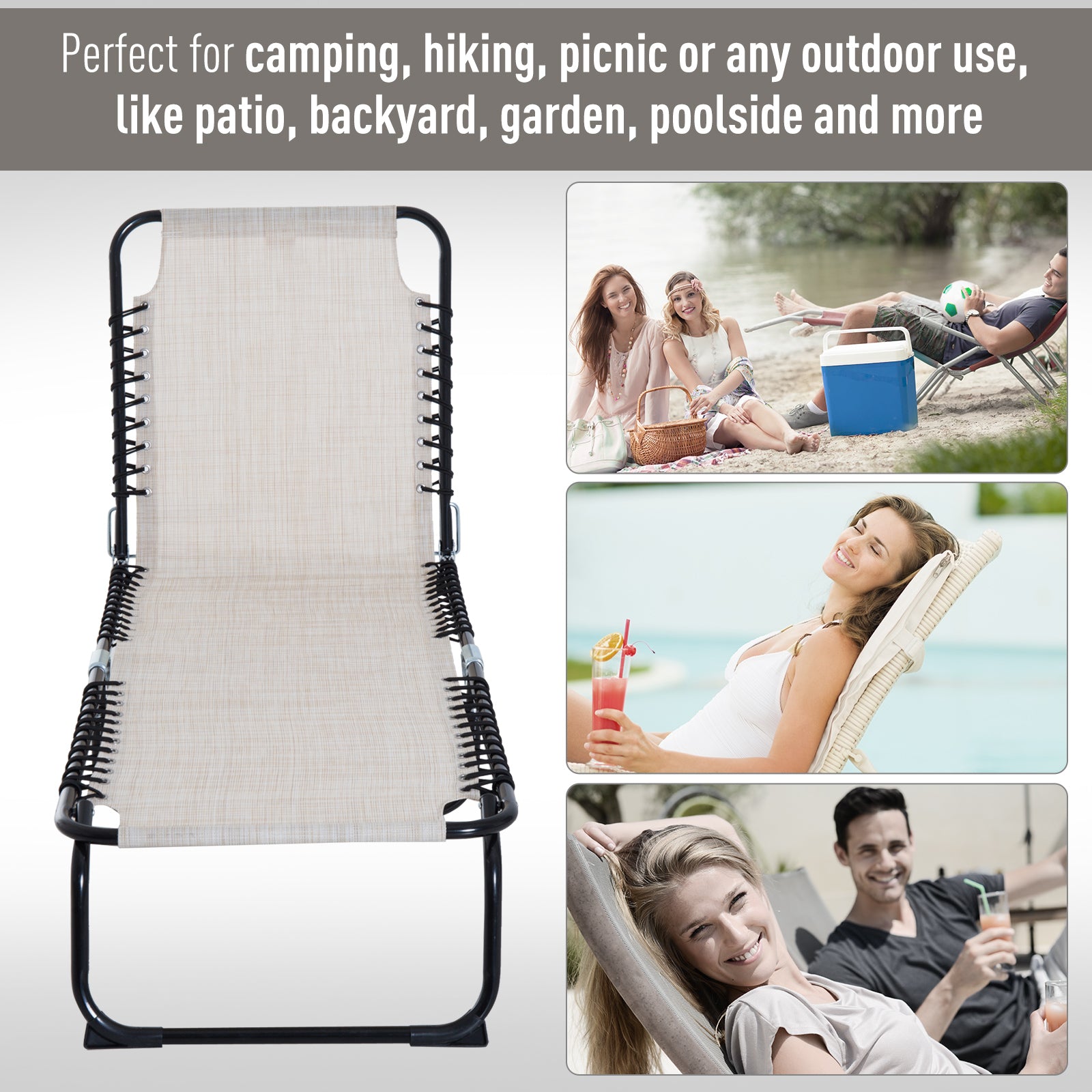 Outsunny Foldable Chaise Lounge, 3-Position Reclining Back, Portable design and Breathable Mesh for Poolside, Camping, Hiking - Cream White