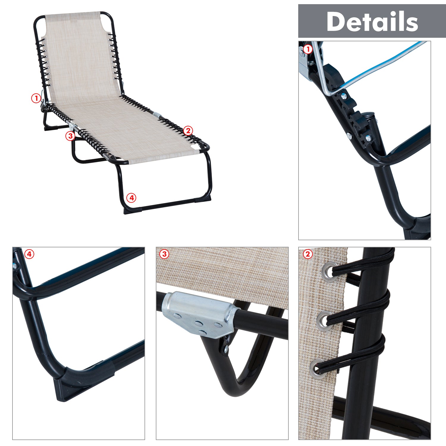 Outsunny Foldable Chaise Lounge, 3-Position Reclining Back, Portable design and Breathable Mesh for Poolside, Camping, Hiking - Cream White