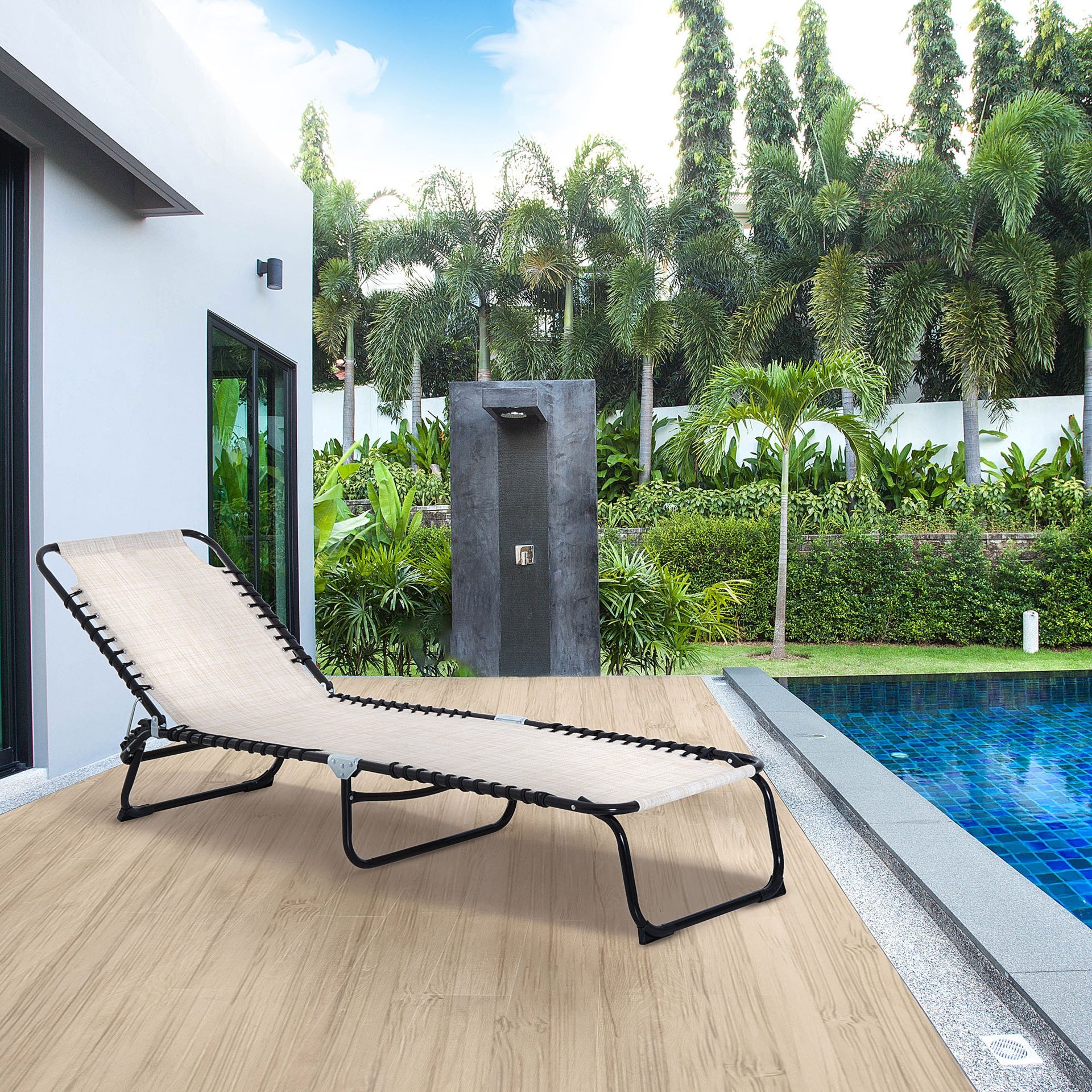 Outsunny Foldable Chaise Lounge, 3-Position Reclining Back, Portable design and Breathable Mesh for Poolside, Camping, Hiking - Cream White