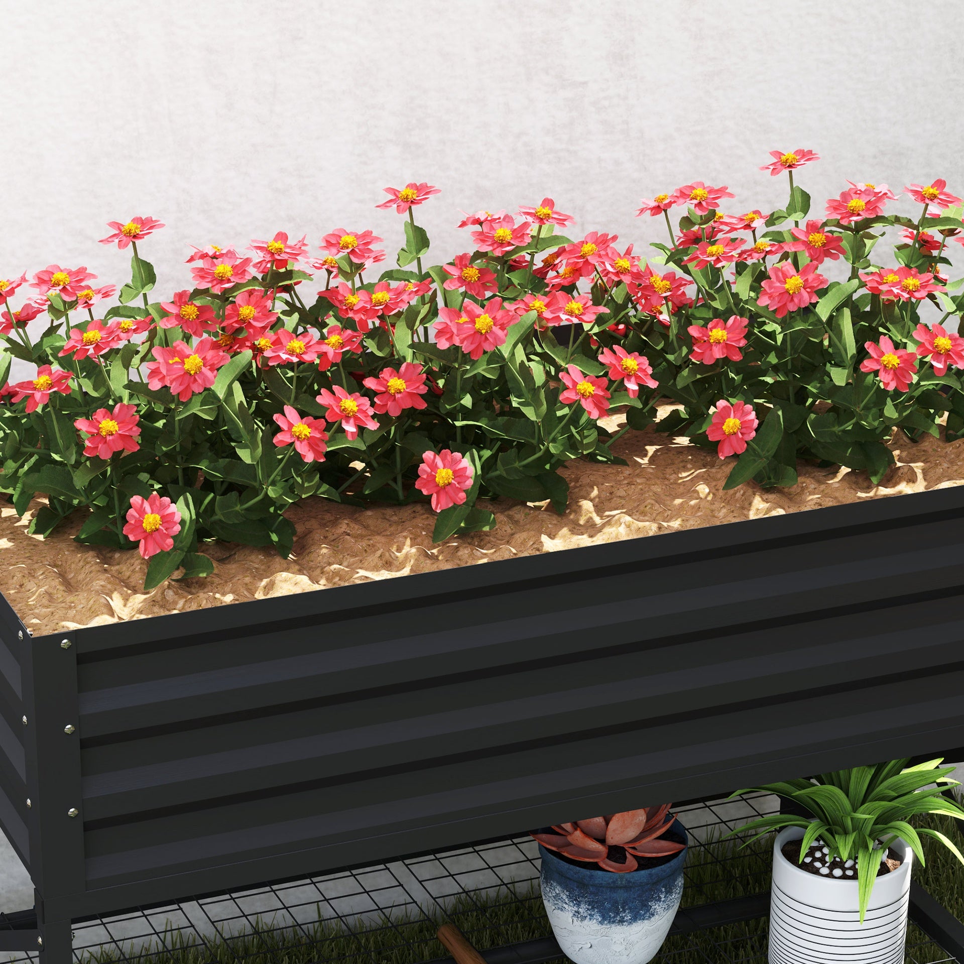 Outsunny Galvanized Raised Garden Bed, Metal Planter Box with Legs, Storage Shelf and Bed Liner, Dark Gray
