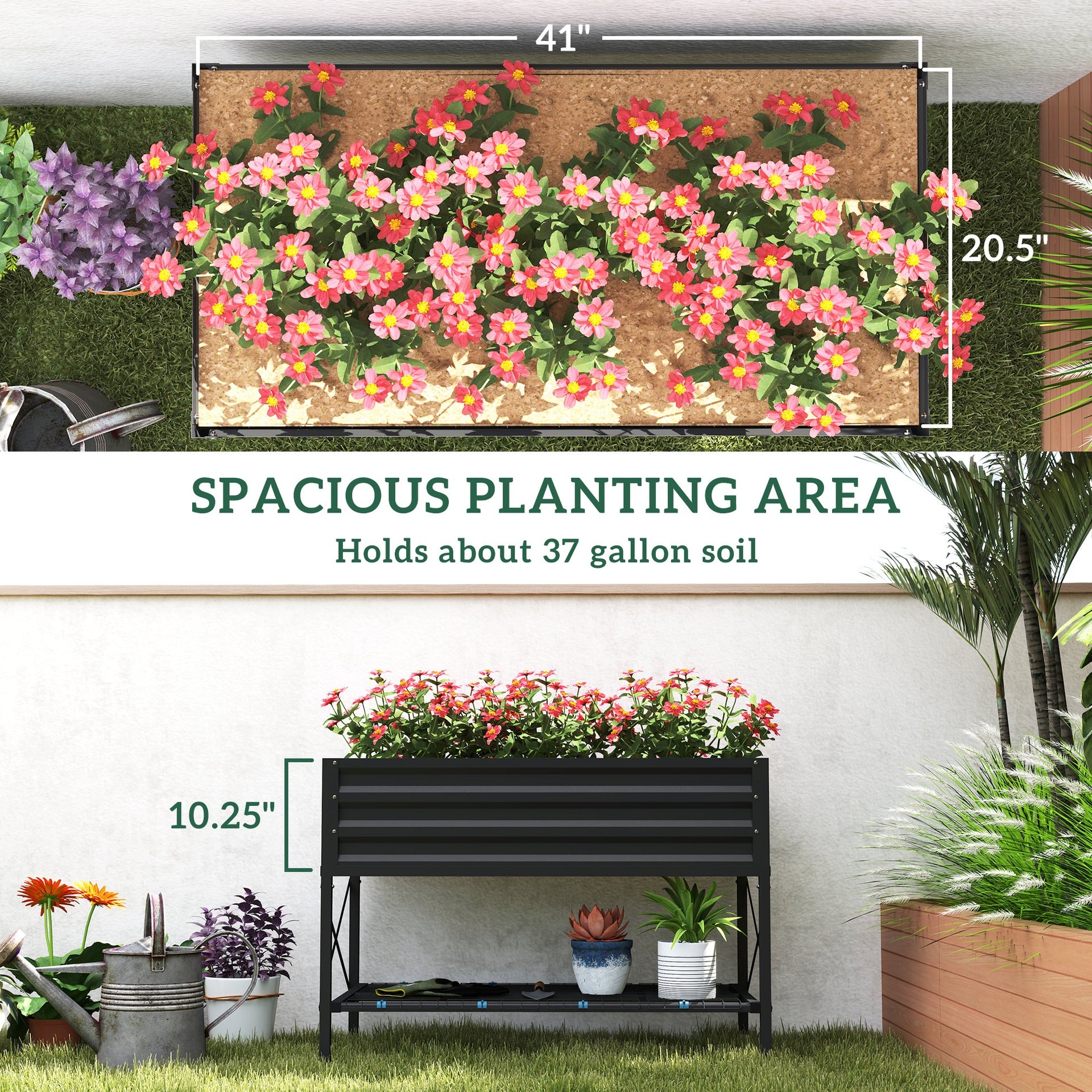 Outsunny Galvanized Raised Garden Bed, Metal Planter Box with Legs, Storage Shelf and Bed Liner, Dark Gray