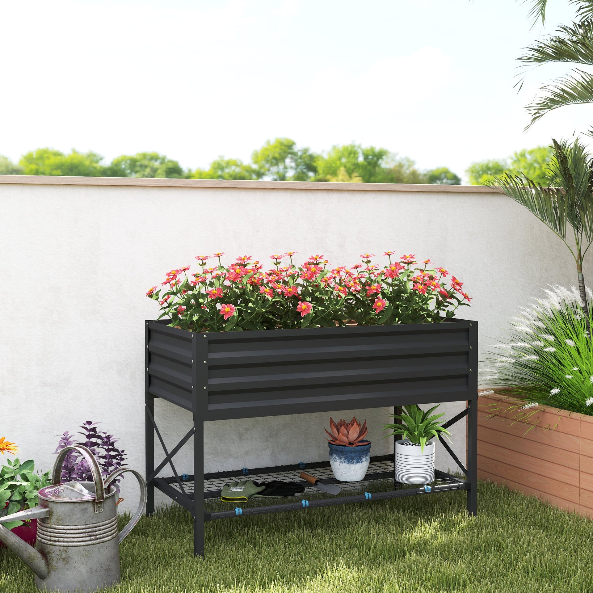 Outsunny Galvanized Raised Garden Bed, Metal Planter Box with Legs, Storage Shelf and Bed Liner, Dark Gray