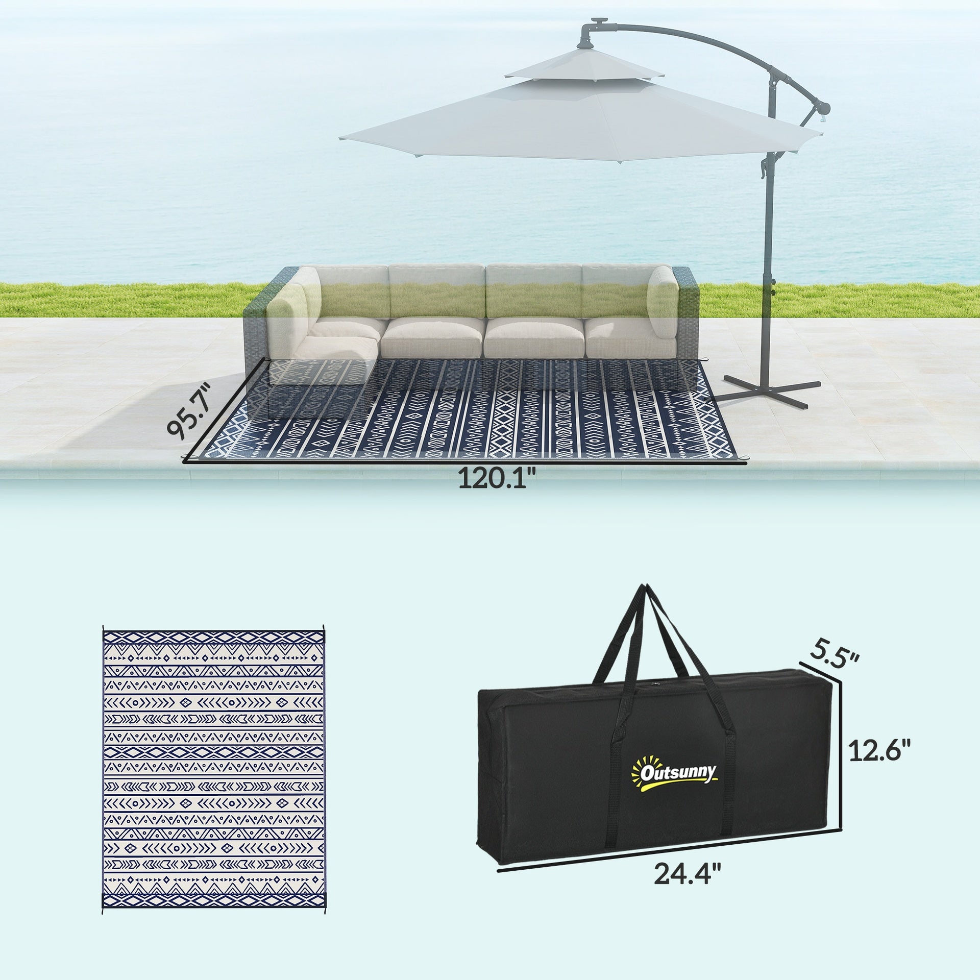 Outsunny Reversible Outdoor Rug, Waterproof Plastic Straw with Carry Bag, 8' x 10', Blue & White Geometric