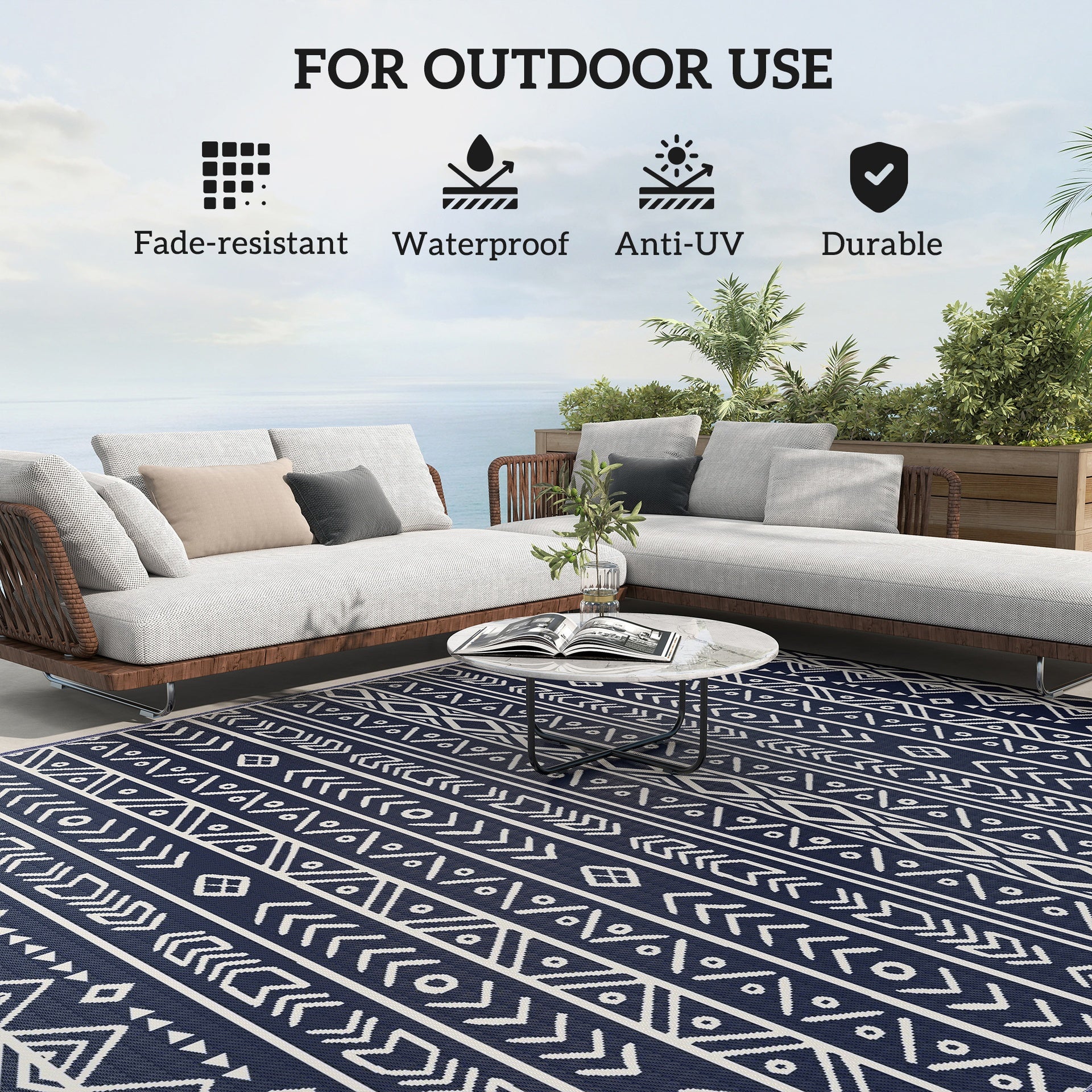 Outsunny Reversible Outdoor Rug, Waterproof Plastic Straw with Carry Bag, 8' x 10', Blue & White Geometric