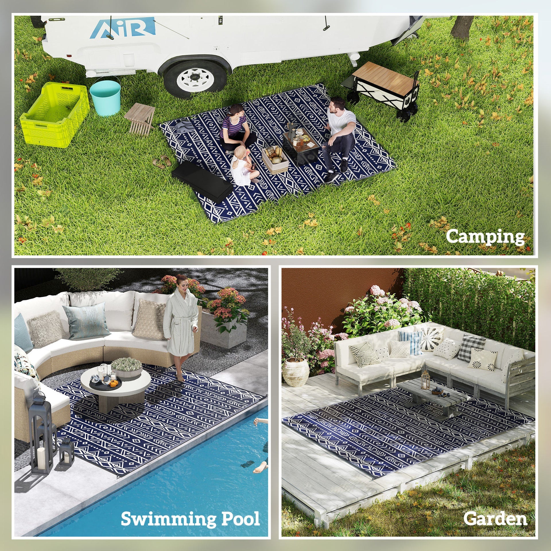 Outsunny Reversible Outdoor Rug, Waterproof Plastic Straw with Carry Bag, 8' x 10', Blue & White Geometric