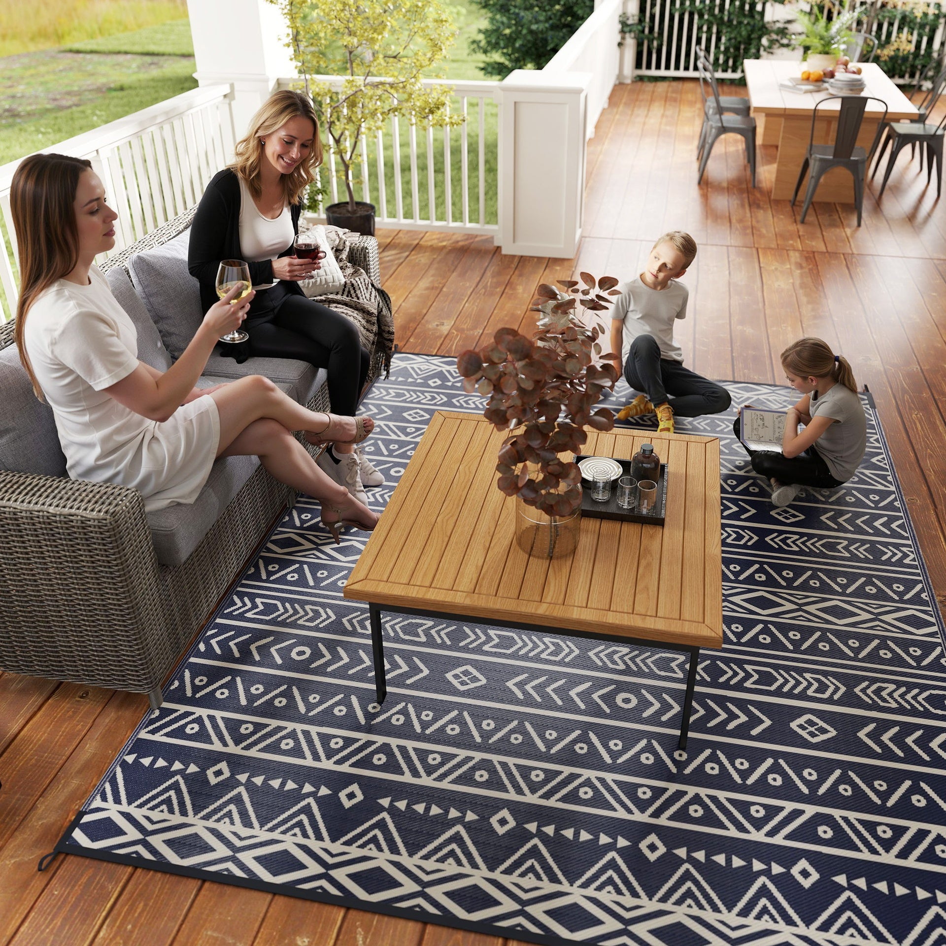Outsunny Reversible Outdoor Rug, Waterproof Plastic Straw with Carry Bag, 8' x 10', Blue & White Geometric