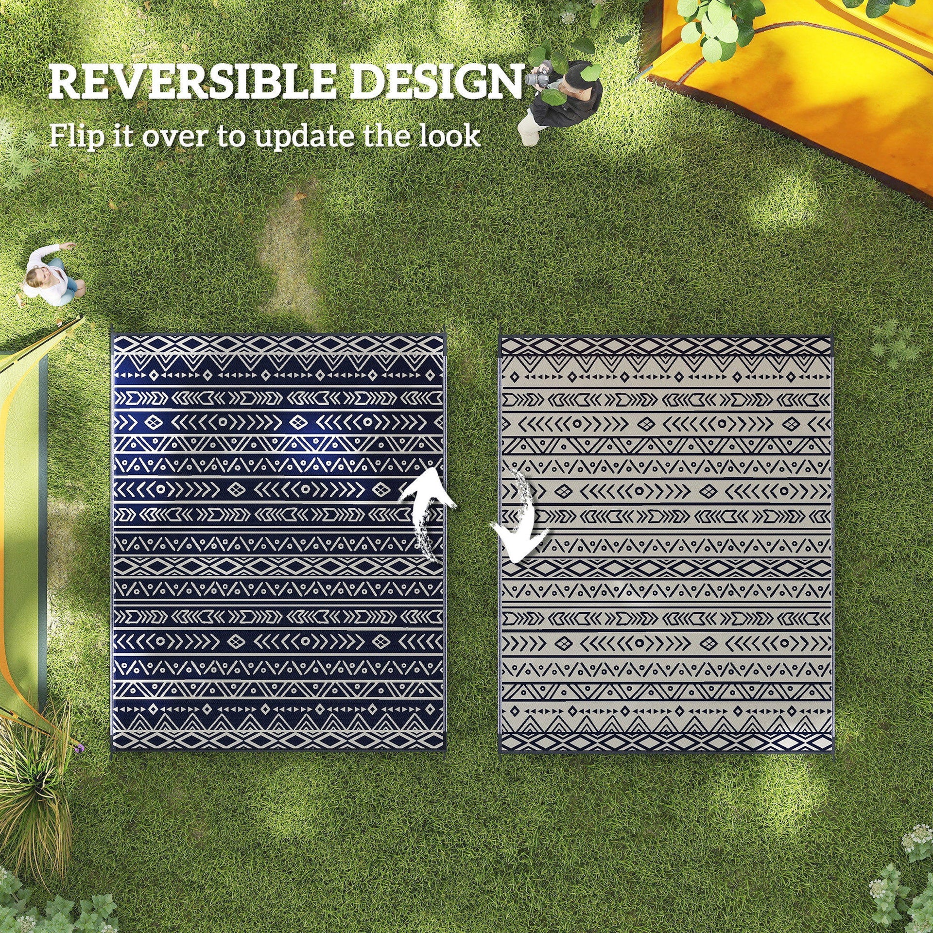 Outsunny Reversible Outdoor Rug, Waterproof Plastic Straw with Carry Bag, 8' x 10', Blue & White Geometric