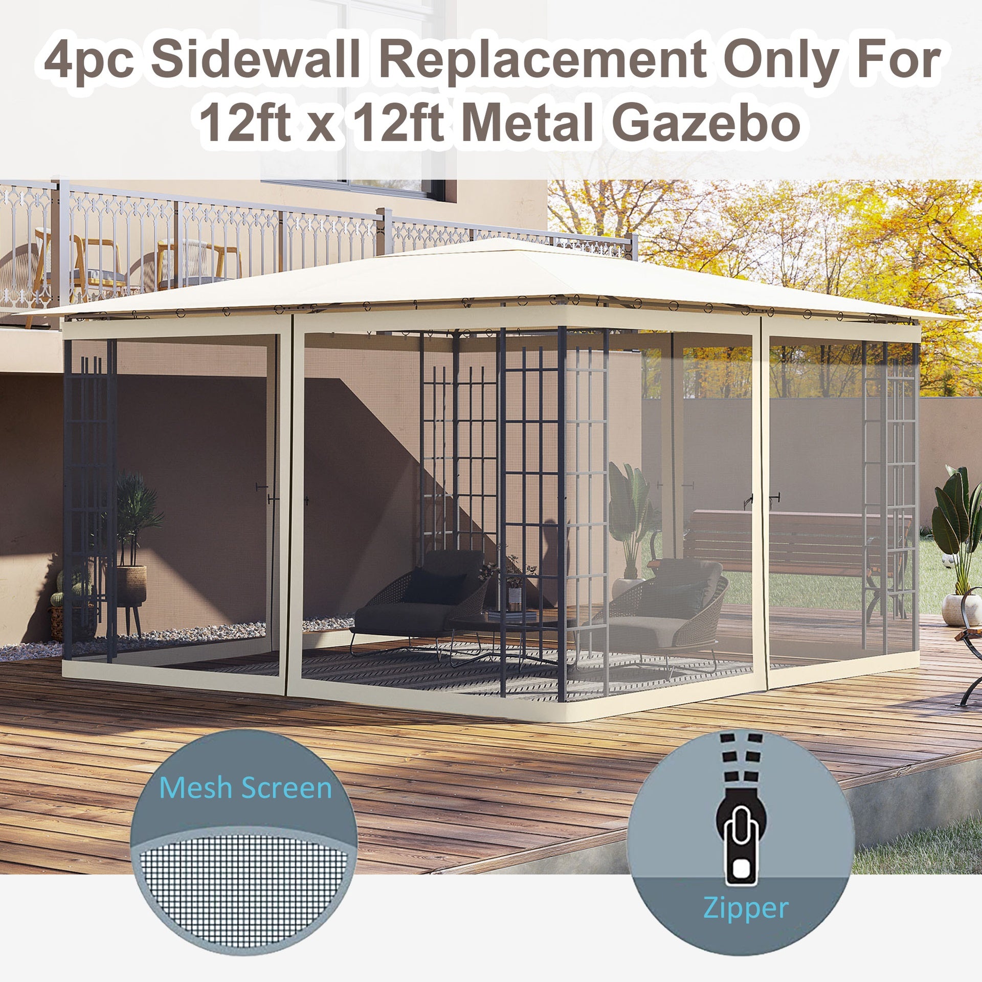 Outsunny Replacement Mesh Sidewall Netting for 12' x 12' Gazebos and Canopy Tents with Zippers, (Sidewall Only) Cream