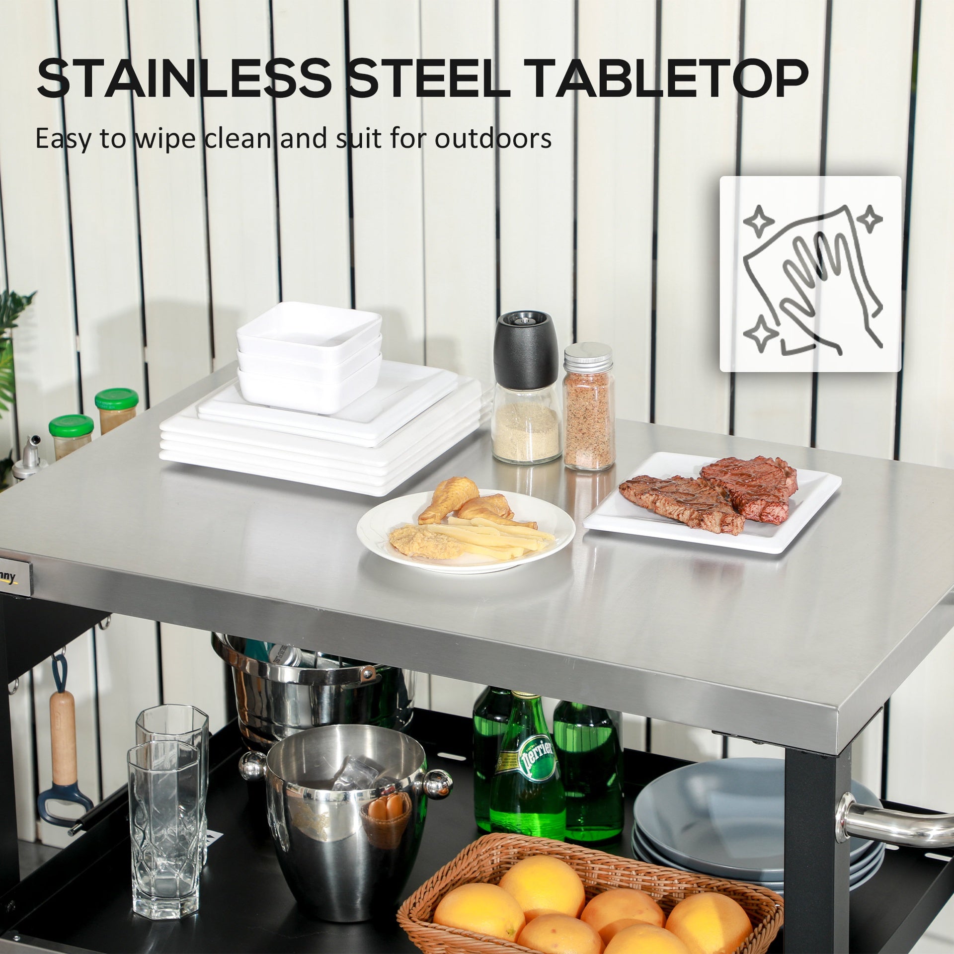 Outsunny 3-Shelf Outdoor Grill Cart Table with Side Handle, Stainless Steel Pizza Oven Stand on Wheels, Black