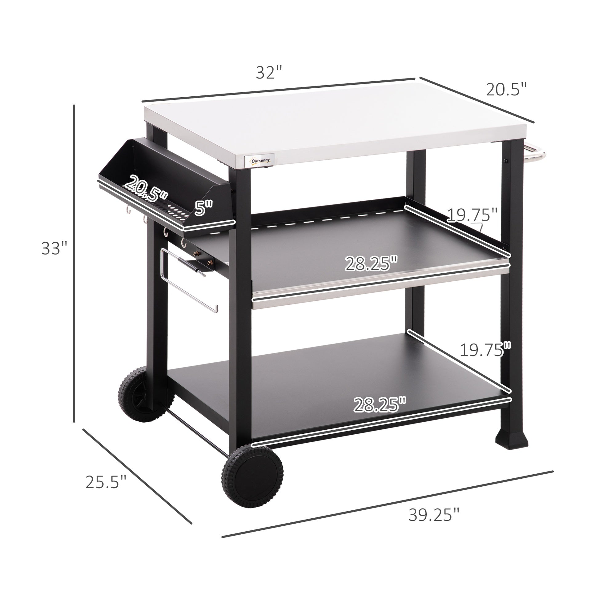 Outsunny 3-Shelf Outdoor Grill Cart Table with Side Handle, Stainless Steel Pizza Oven Stand on Wheels, Black