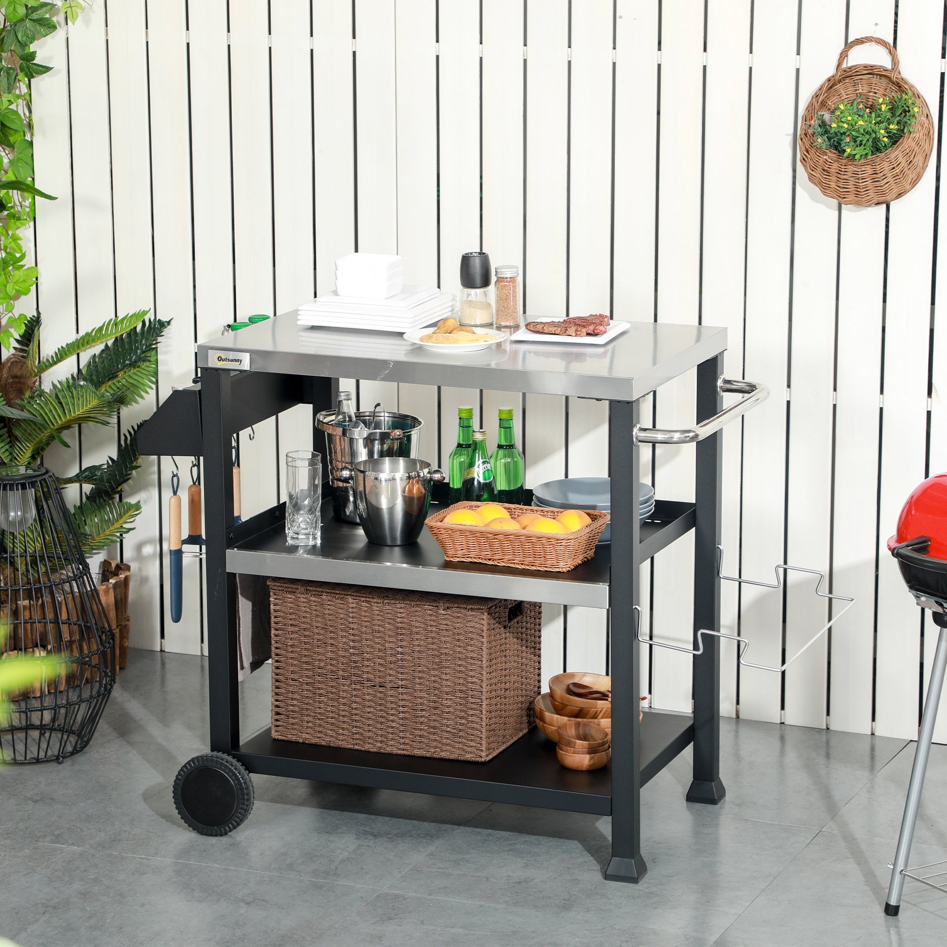 Outsunny 3-Shelf Outdoor Grill Cart Table with Side Handle, Stainless Steel Pizza Oven Stand on Wheels, Black