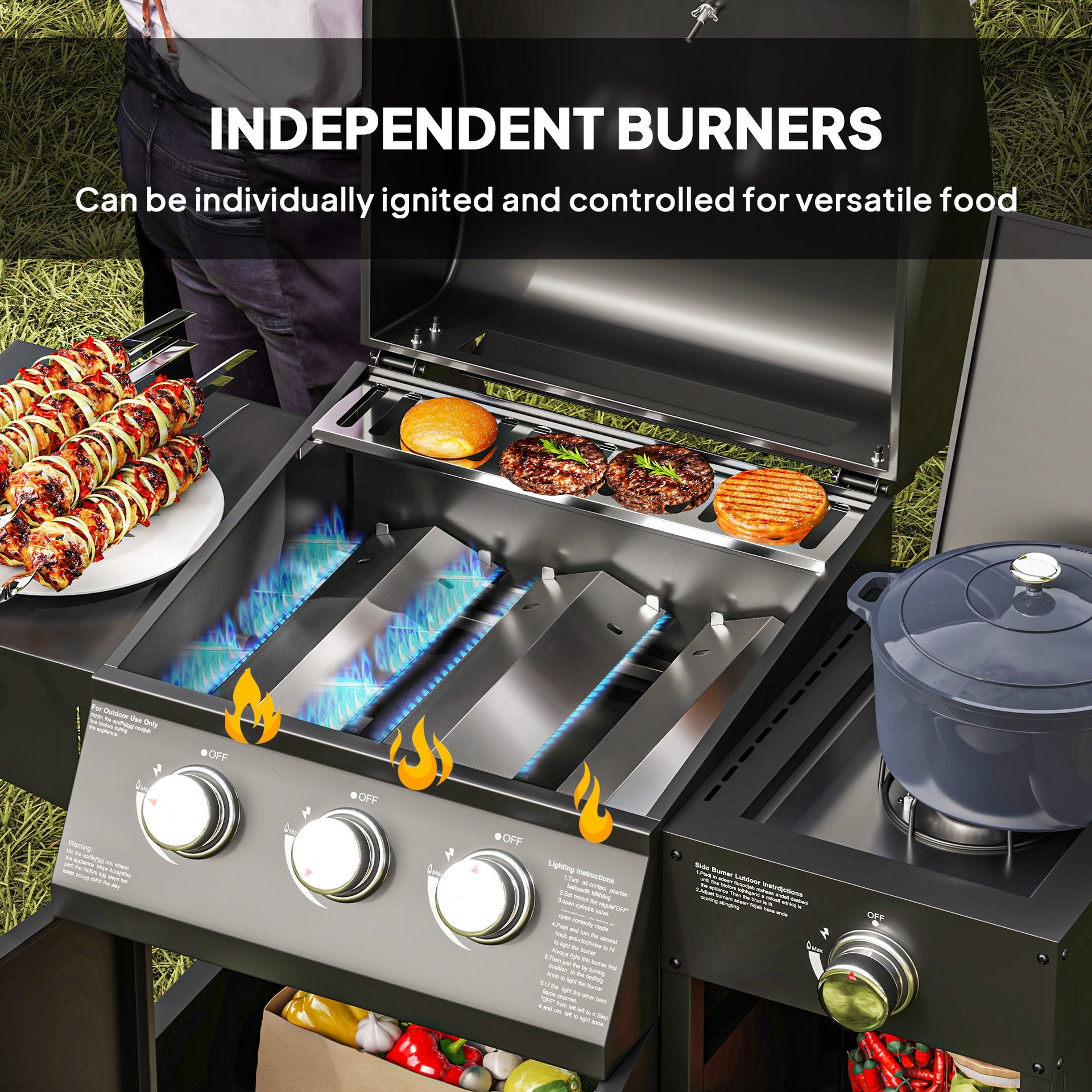 Outsunny 3 Burner Propane Gas Grill with Side Burner Barbecue Grill with Shelves, 9.5 KW Output, 310 Sq. in. Cooking Area