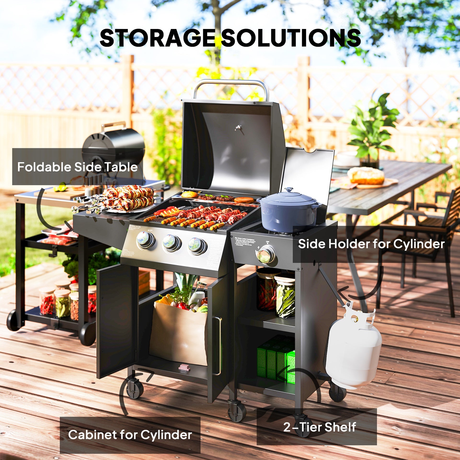 Outsunny 3 Burner Propane Gas Grill with Side Burner Barbecue Grill with Shelves, 9.5 KW Output, 310 Sq. in. Cooking Area