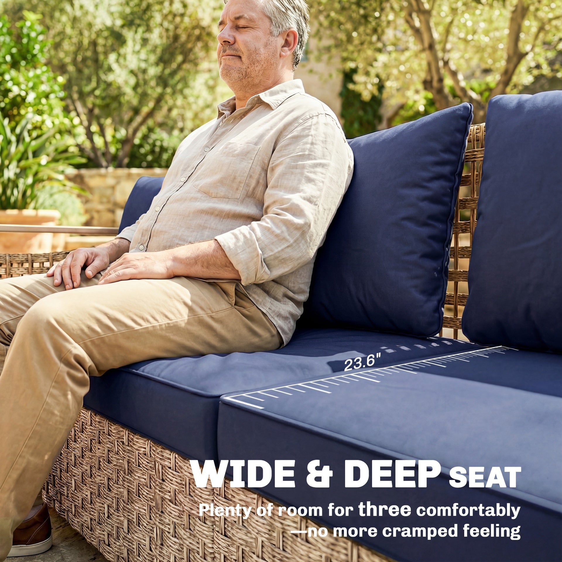 Outsunny Rattan Wicker Sofa 3-Seater Outdoor Patio Sofa with Cushions for Garden Backyard Porch Dark Blue