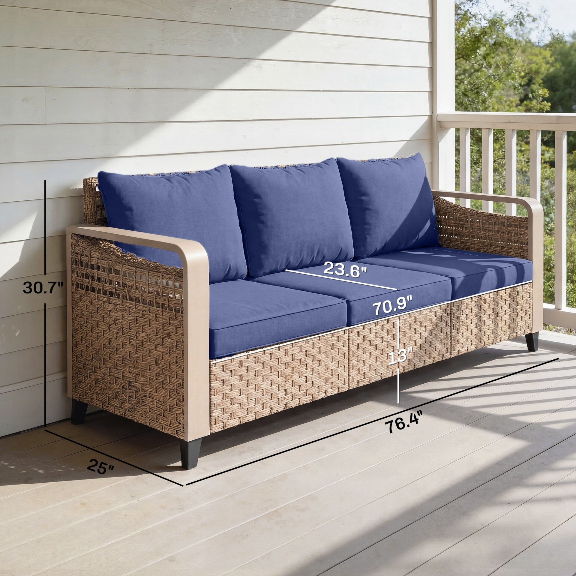 Outsunny Rattan Wicker Sofa 3-Seater Outdoor Patio Sofa with Cushions for Garden Backyard Porch Dark Blue