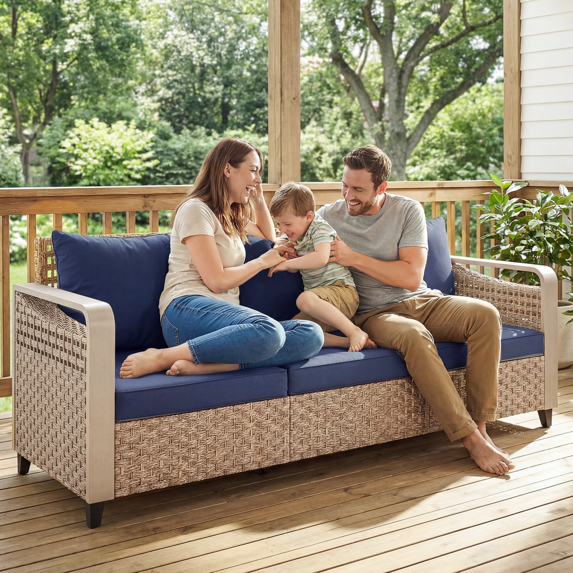 Outsunny Rattan Wicker Sofa 3-Seater Outdoor Patio Sofa with Cushions for Garden Backyard Porch Dark Blue