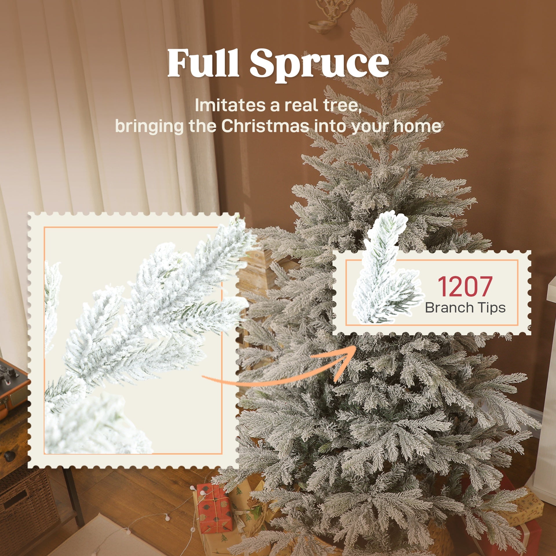 HOMCOM 6 ft Artificial Frosted Christmas Tree with Realistic Branches, Wide Full Spruce, Hinged Xmas Tree, Easy Assembly