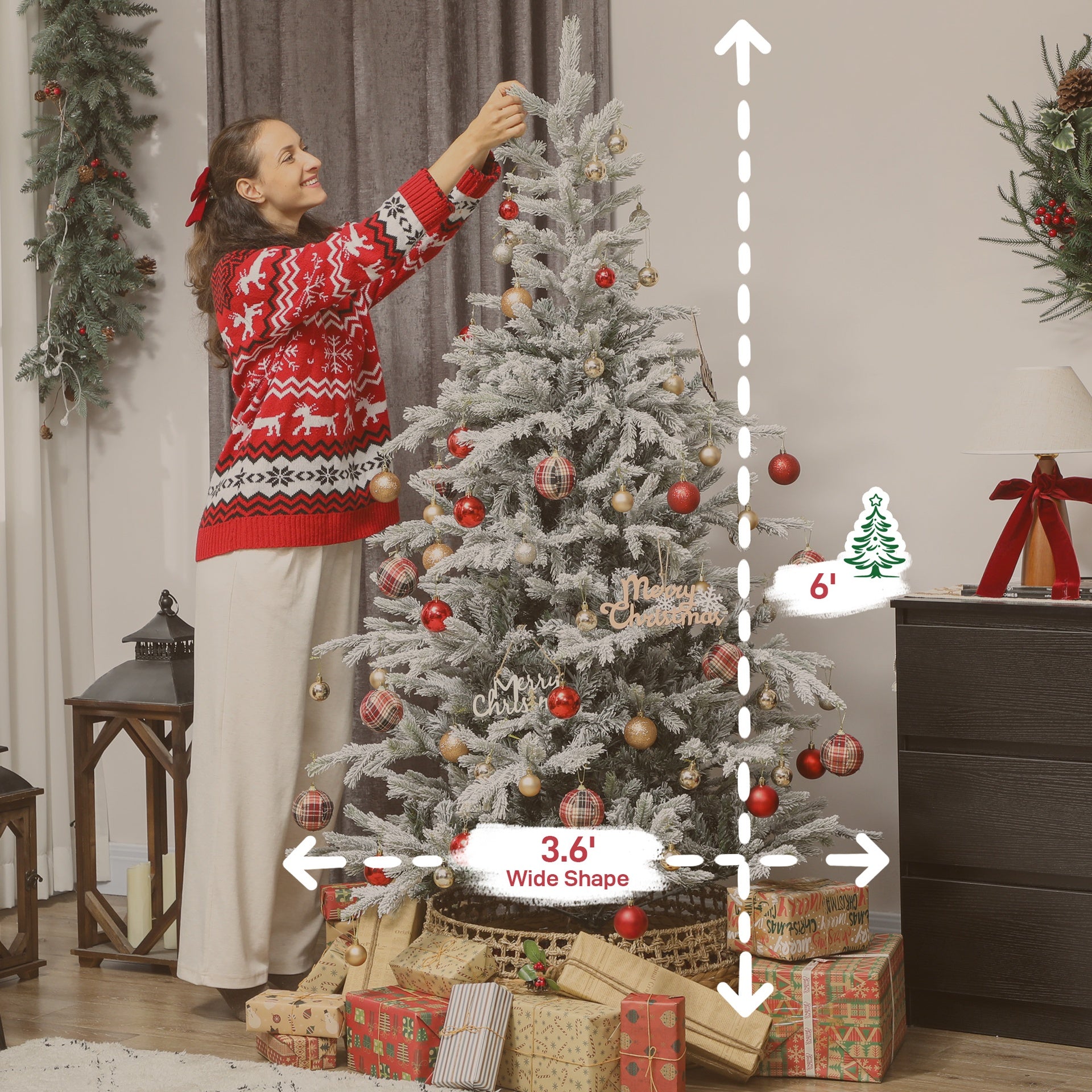 HOMCOM 6 ft Artificial Frosted Christmas Tree with Realistic Branches, Wide Full Spruce, Hinged Xmas Tree, Easy Assembly