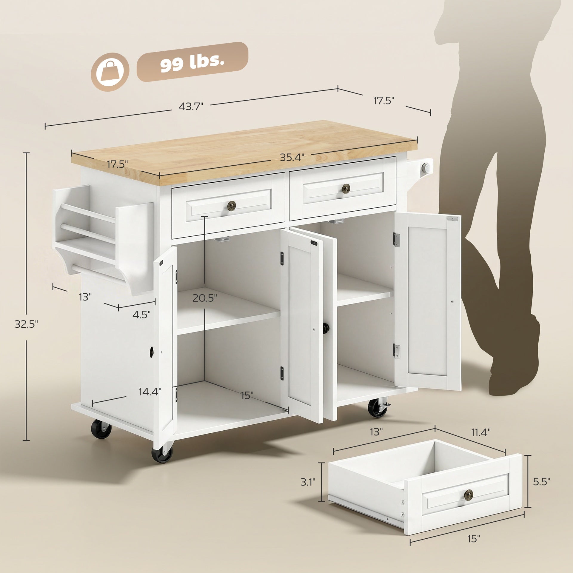HOMCOM 44" Mobile Kitchen Island Table, Kitchen Island Cart on Wheels with Storage Cabinets, 2 Drawers, White