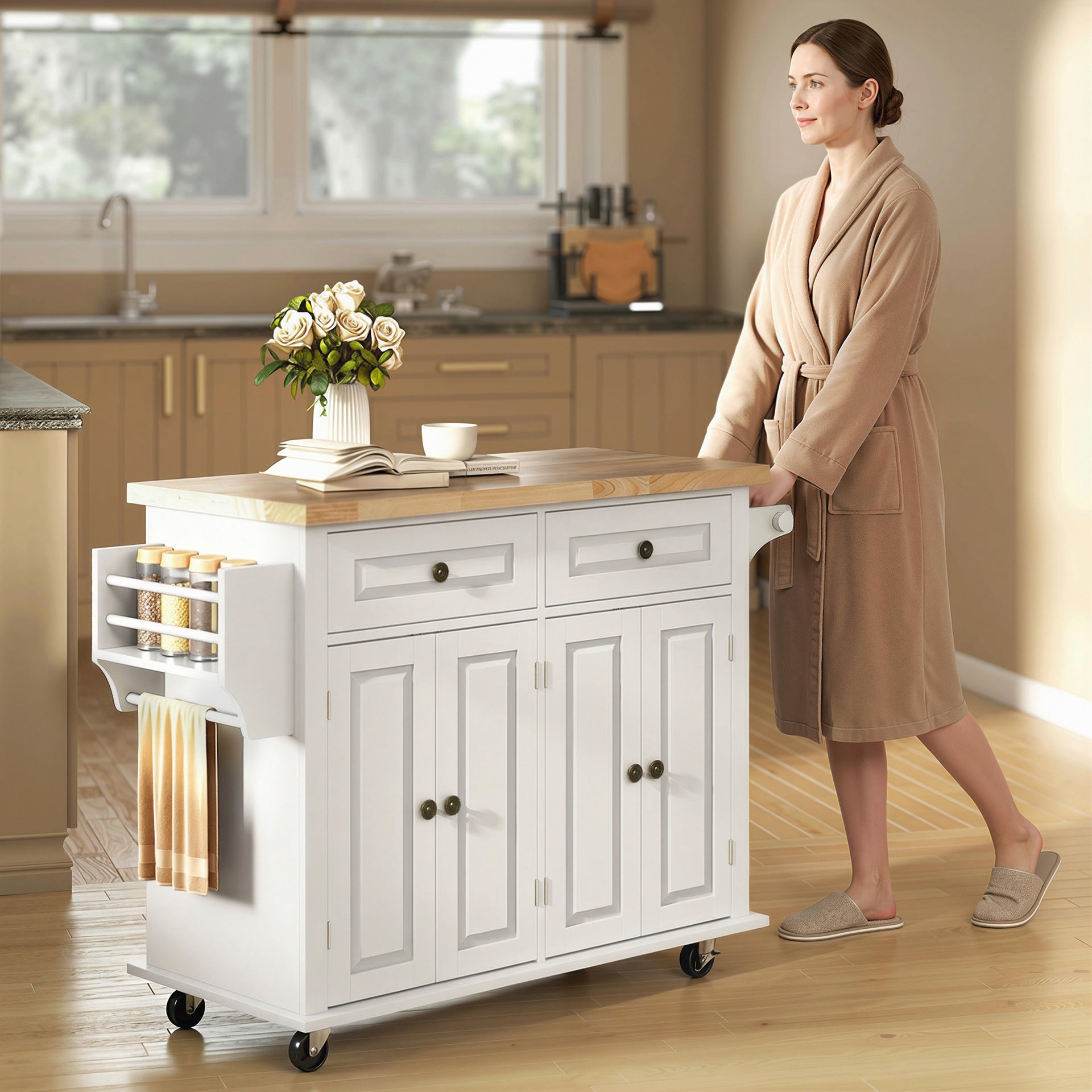 HOMCOM 44" Mobile Kitchen Island Table, Kitchen Island Cart on Wheels with Storage Cabinets, 2 Drawers, White
