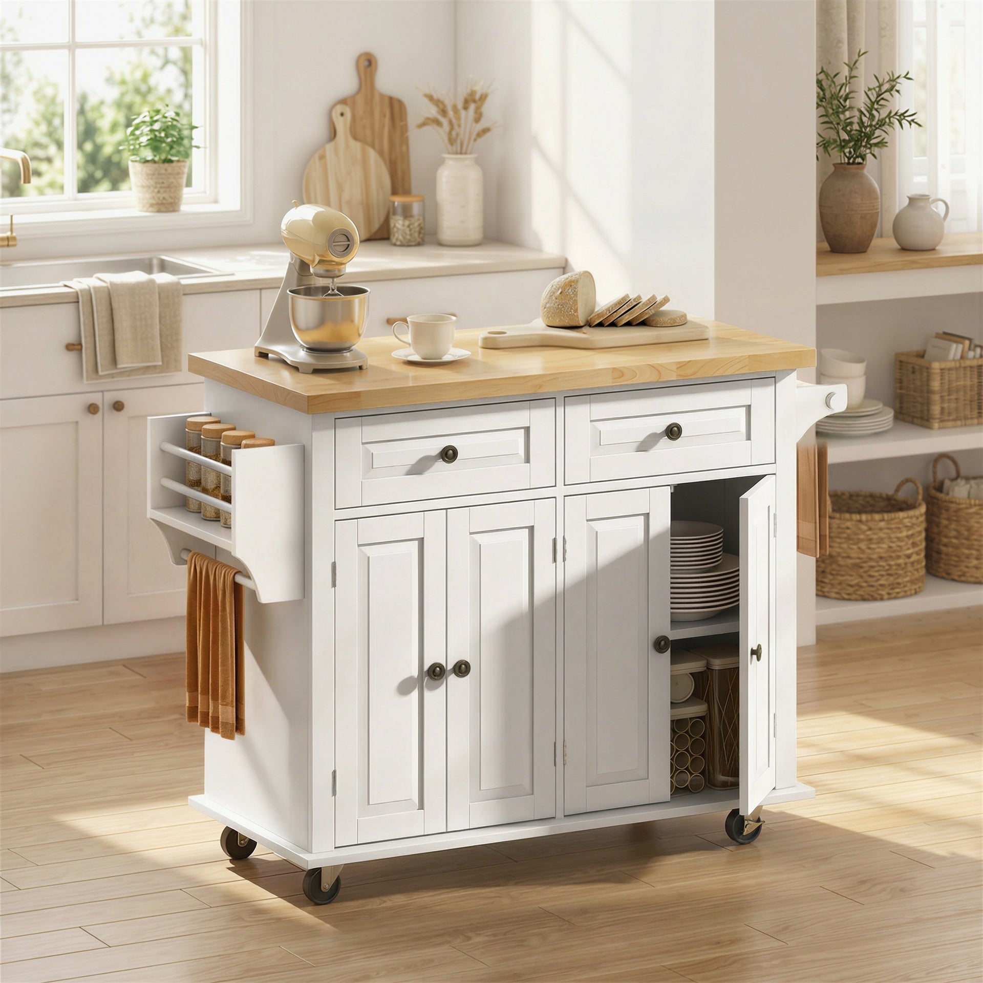 HOMCOM 44" Mobile Kitchen Island Table, Kitchen Island Cart on Wheels with Storage Cabinets, 2 Drawers, White