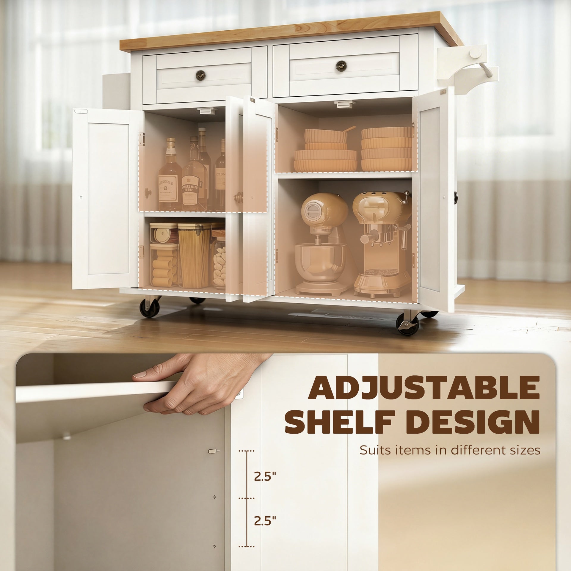 HOMCOM 44" Mobile Kitchen Island Table, Kitchen Island Cart on Wheels with Storage Cabinets, 2 Drawers, White