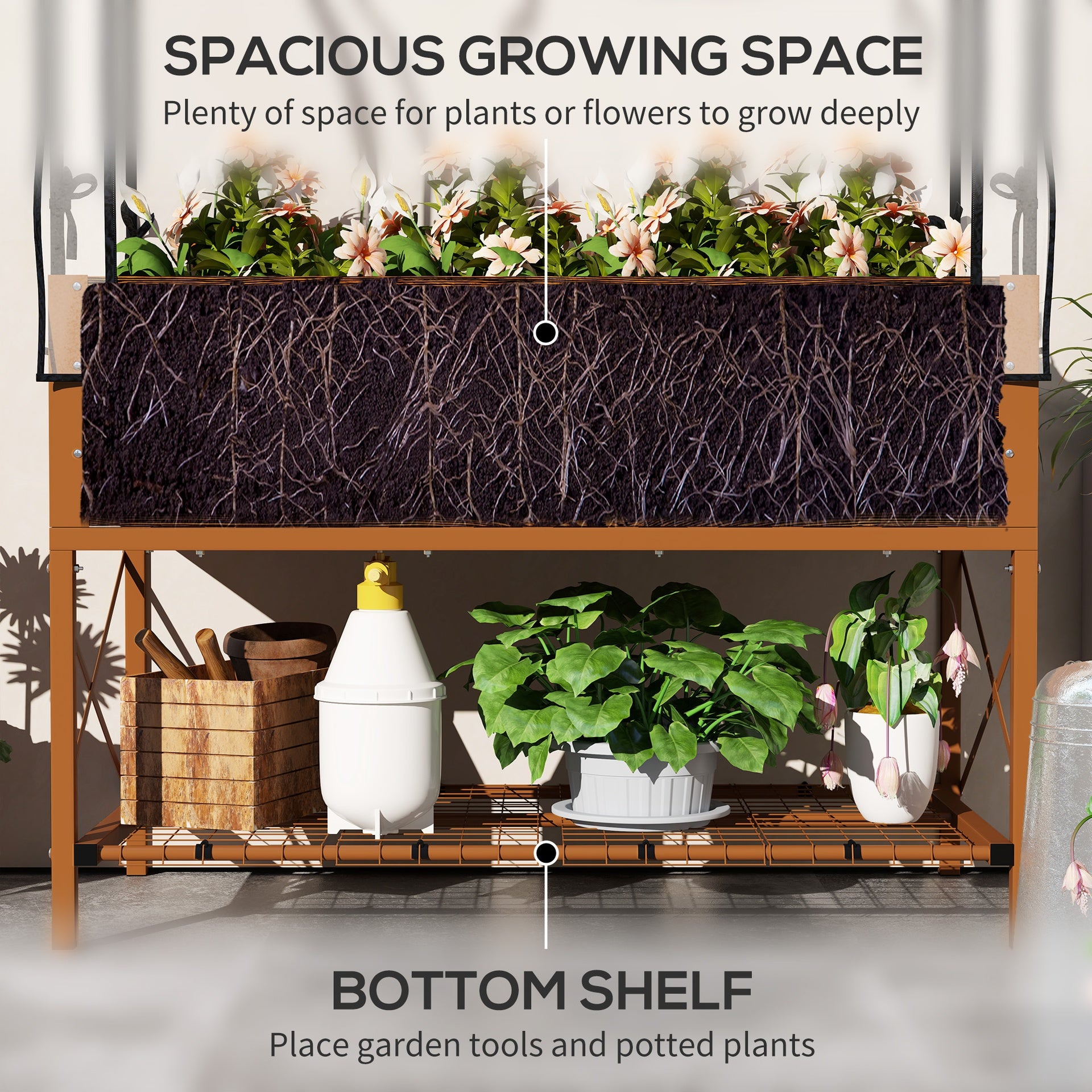 Outsunny Raised Garden Bed with Legs and Cover, Metal Elevated Planter Box with Bottom Shelf and Liner for Vegetables, Brown