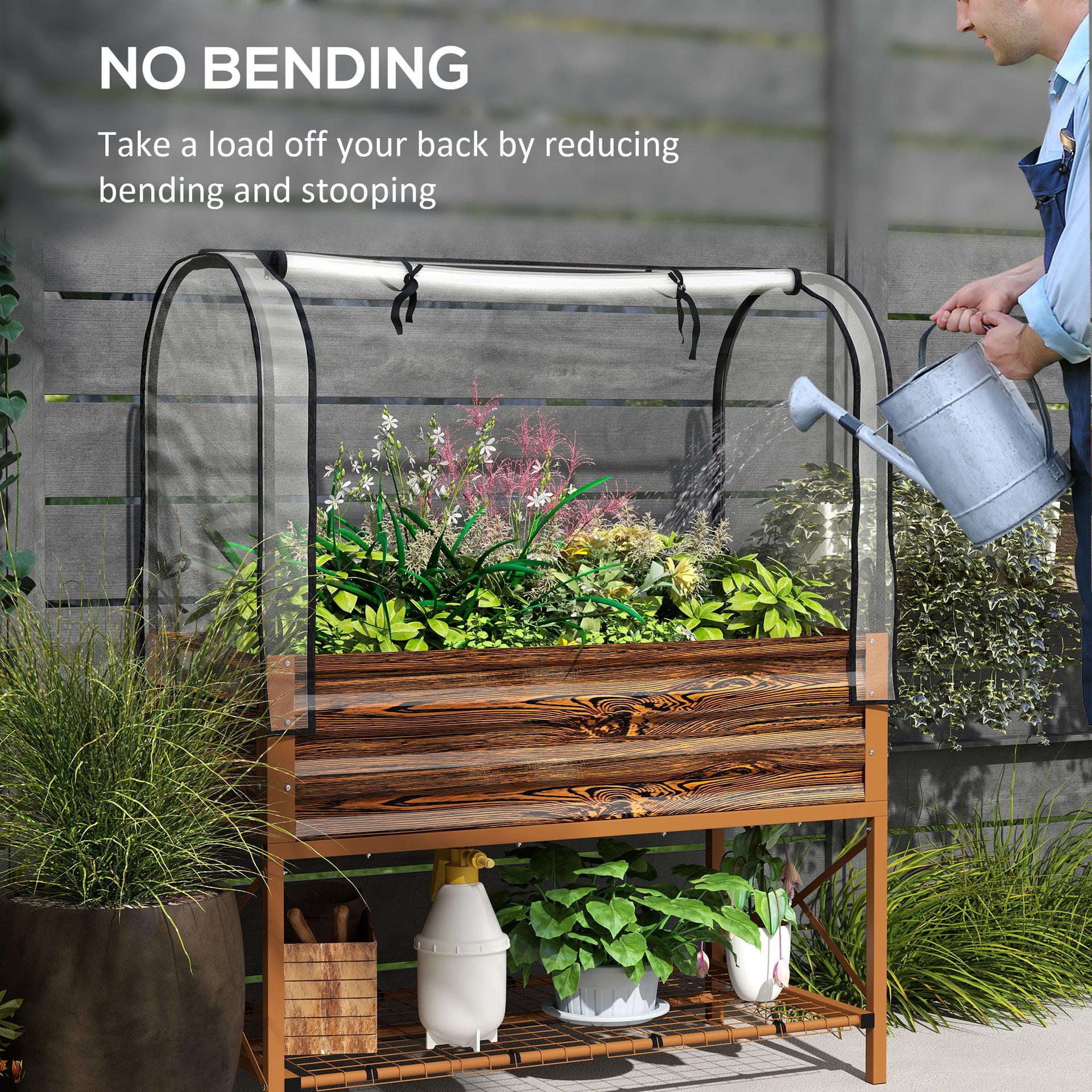 Outsunny Raised Garden Bed with Legs and Cover, Metal Elevated Planter Box with Bottom Shelf and Liner for Vegetables, Brown